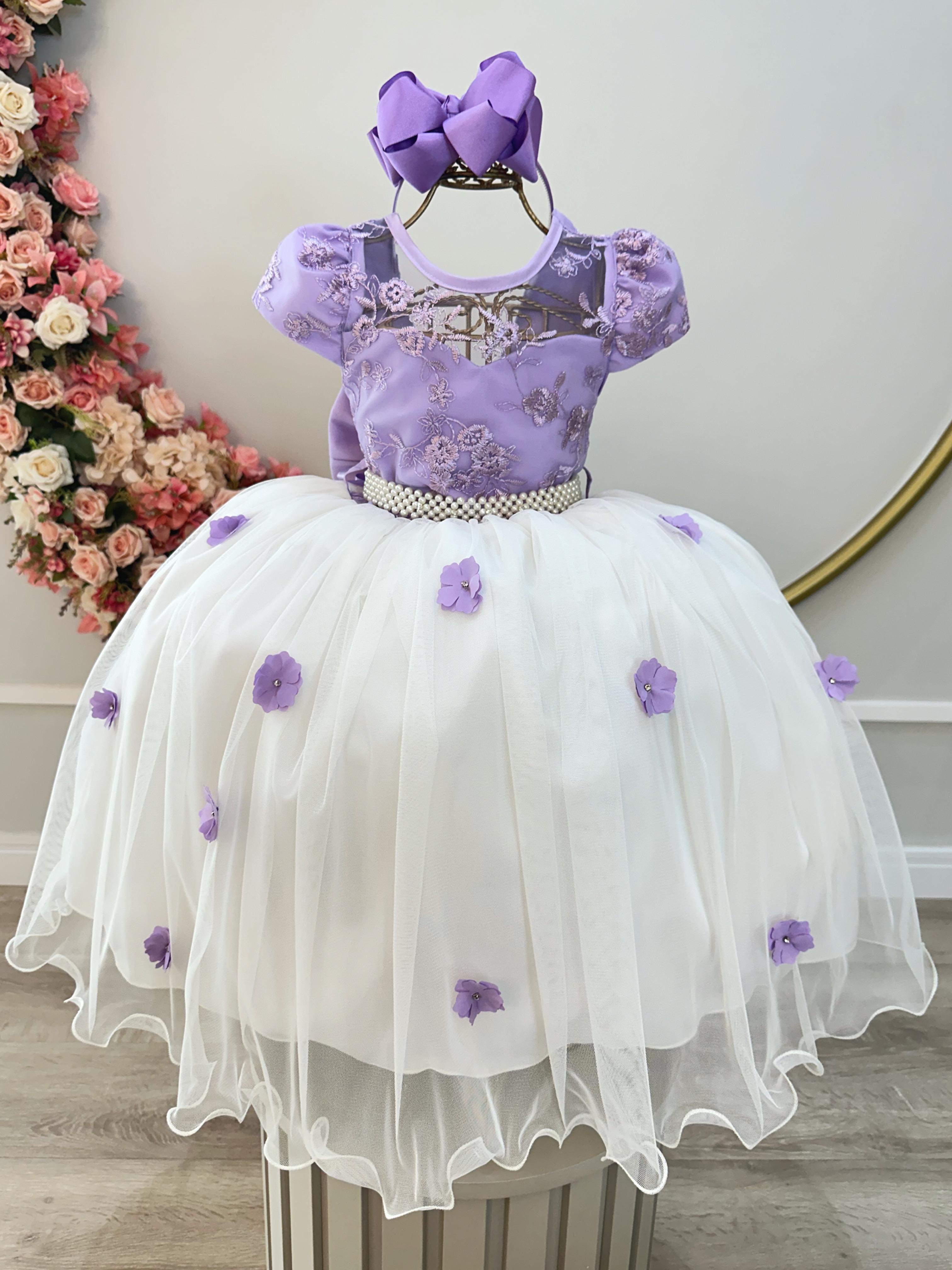 Vestido Infantil Lilás Saia Off C/ Renda Casamento Formatura