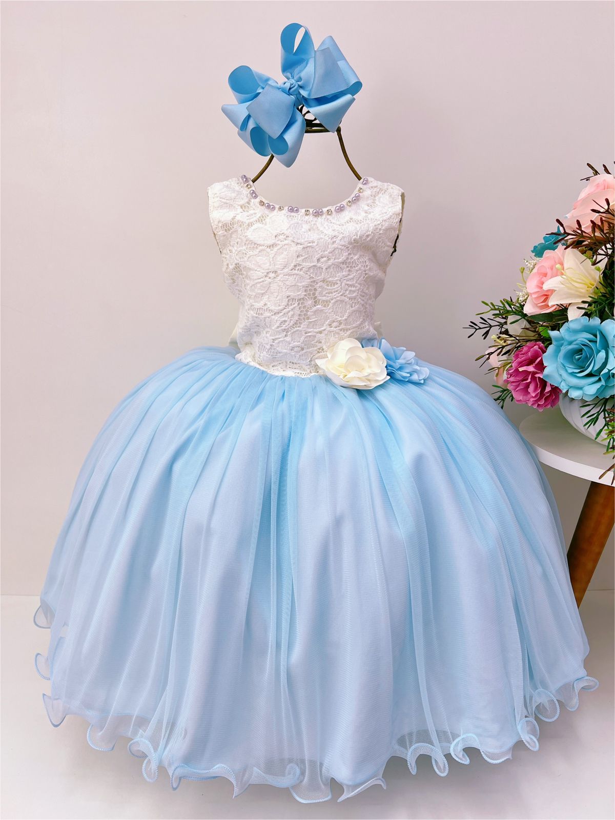 Vestido Infantil Marfim Saia Azul Aplique Flores Pérolas