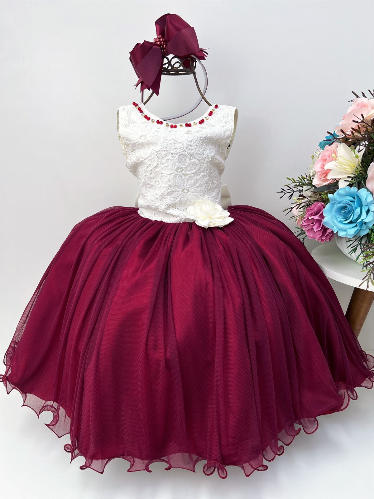 Vestido Infantil Marfim Saia Marsala Aplique Flores Pérolas