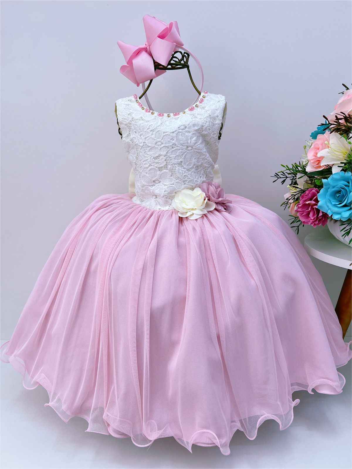 Vestido Infantil Marfim Saia Rosa Aplique Flores Pérolas
