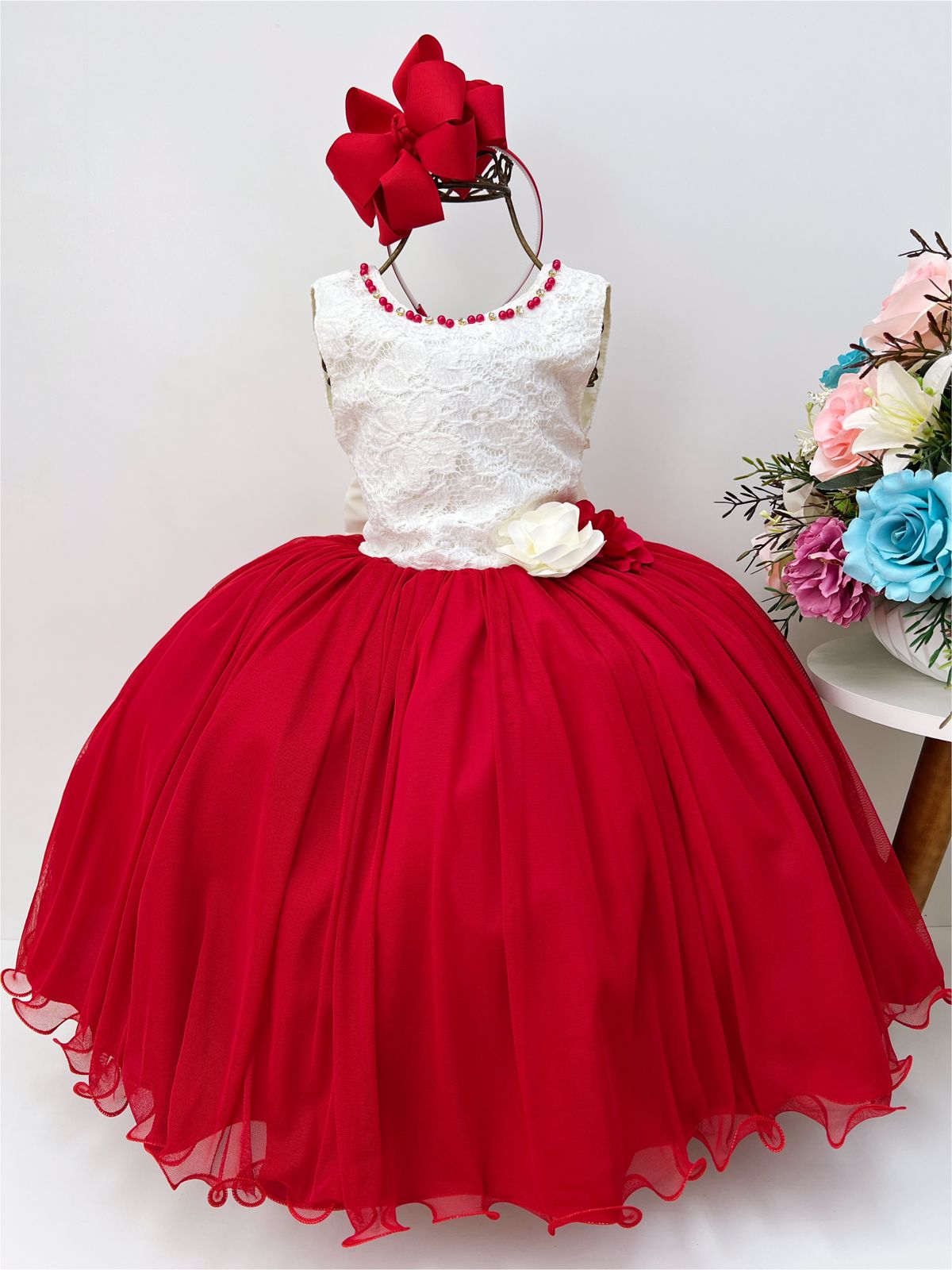 Vestido Infantil Marfim Saia Vermelha Aplique Flores Pérolas