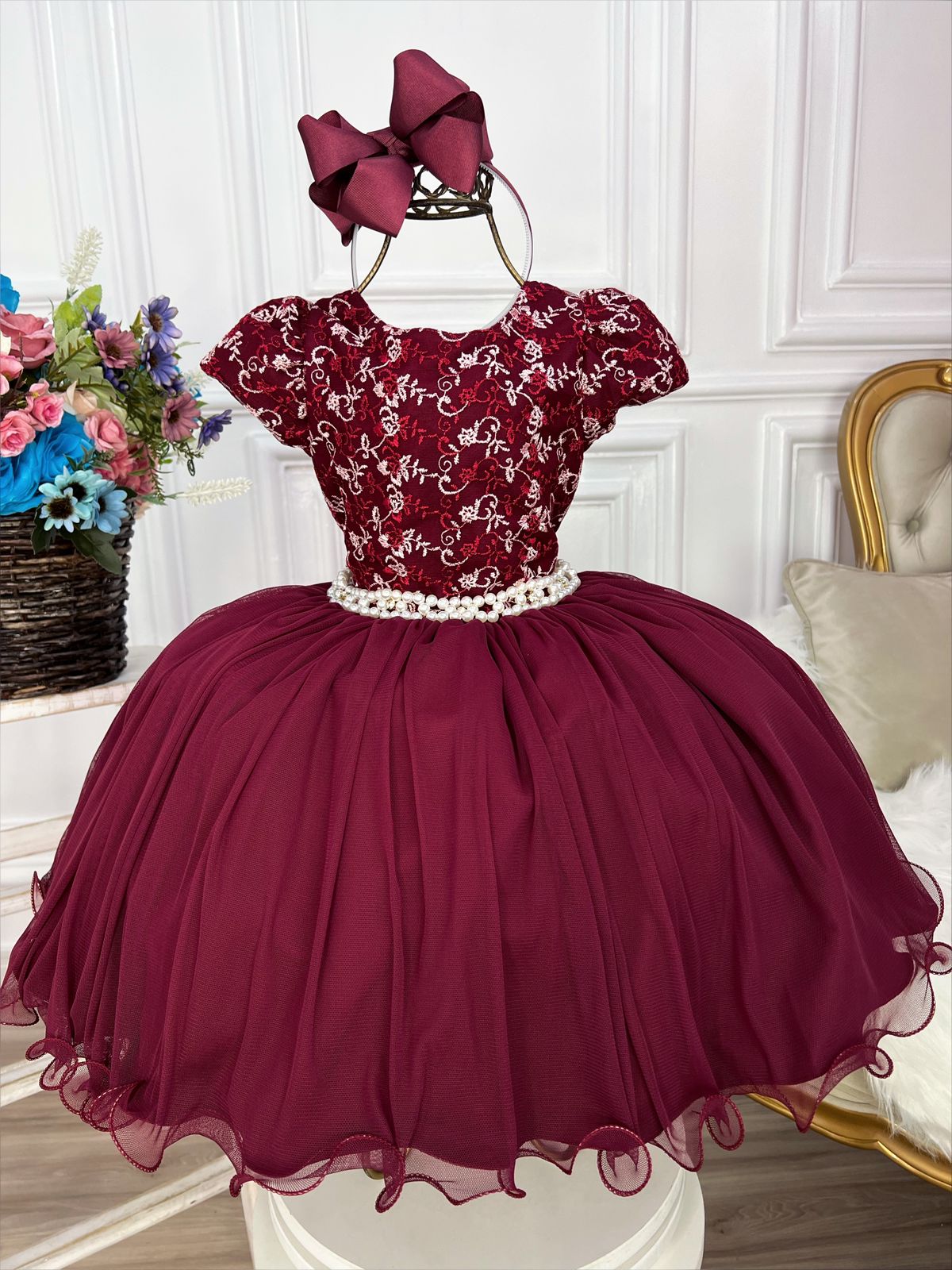 Vestido Infantil Marsala C/ Renda Cinto Pérolas Strass Damas