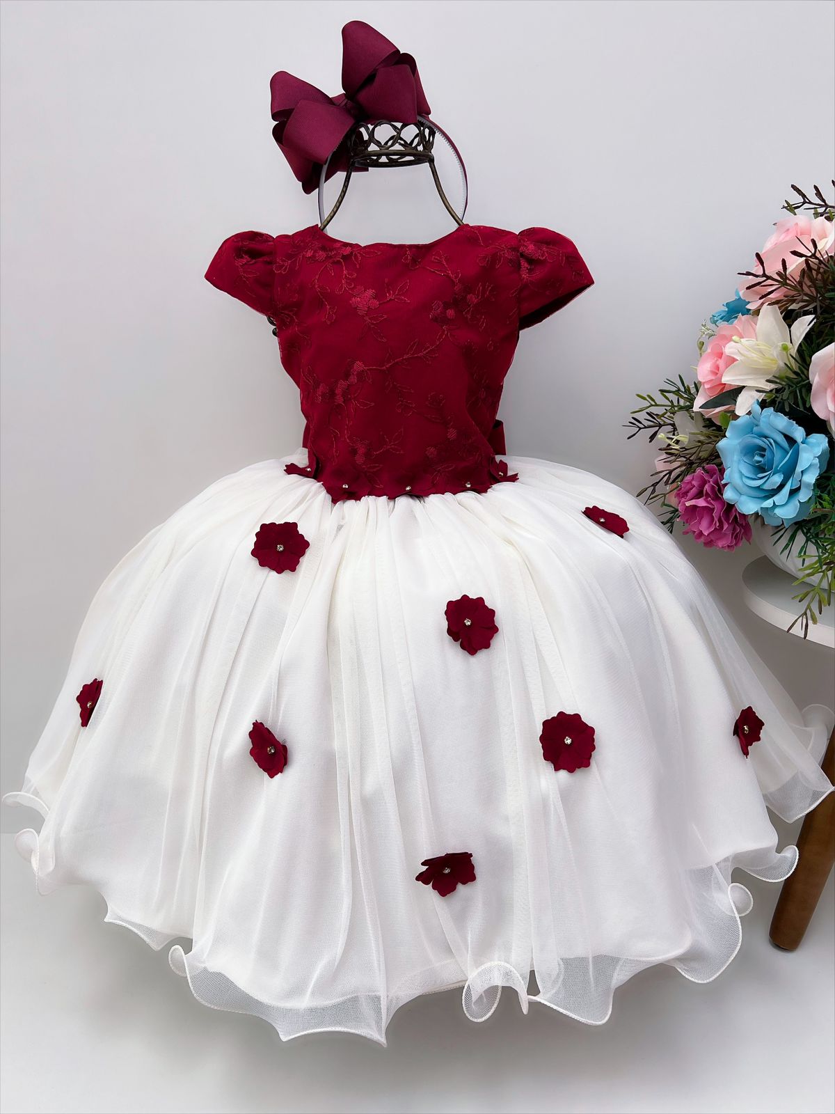Vestido Infantil Marsala e Off Com Renda e Aplique Flores