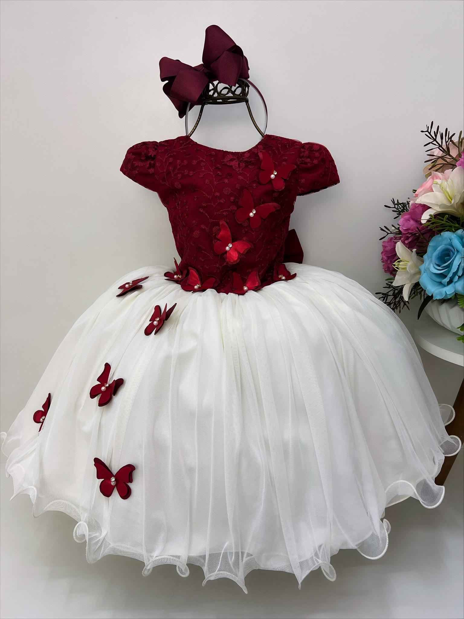 Vestido Infantil Marsala Renda Saia Marfim Borboletas Luxo