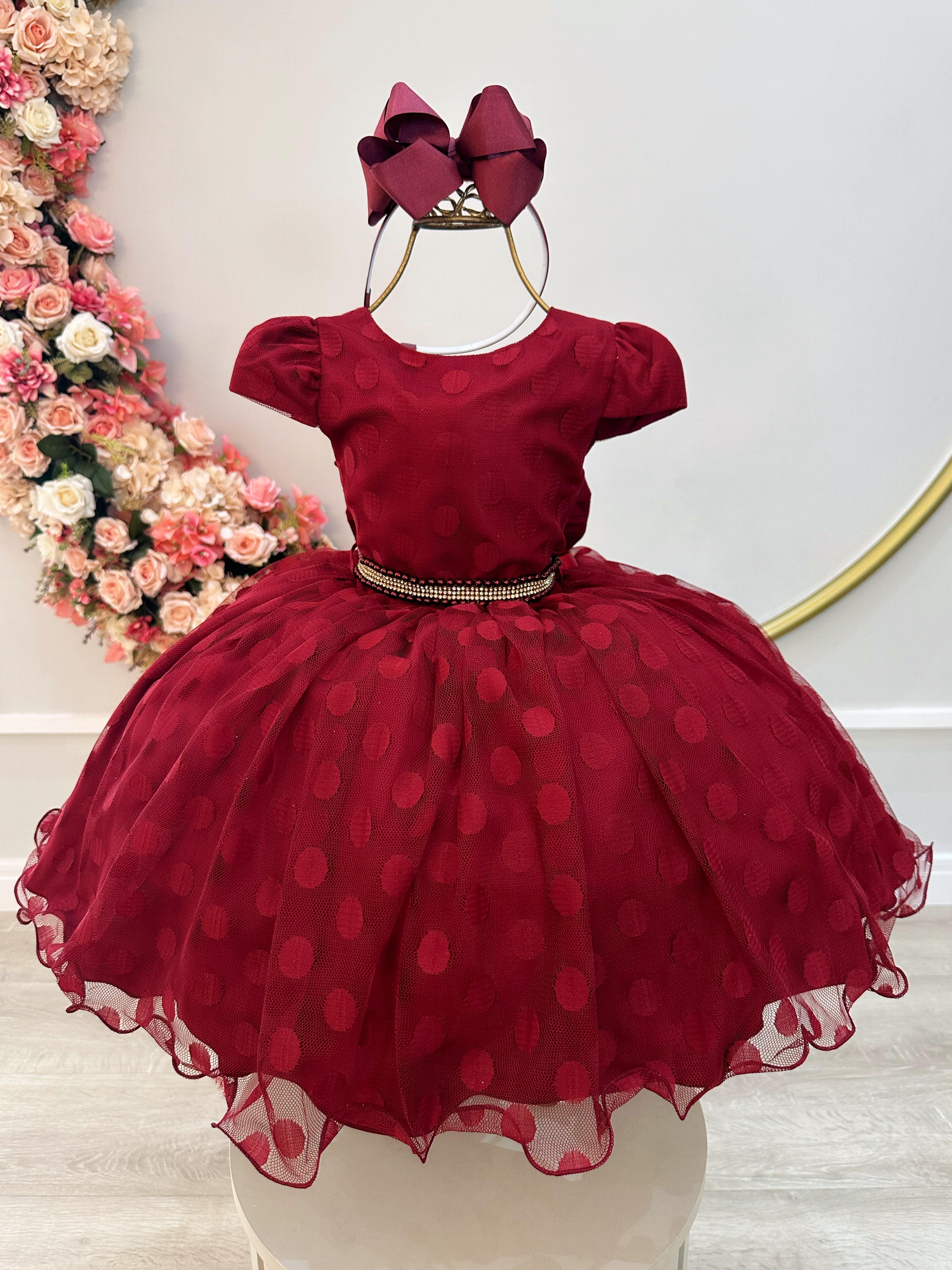 Vestido Infantil Marsala Tule Com Bolinhas Strass e Pérolas