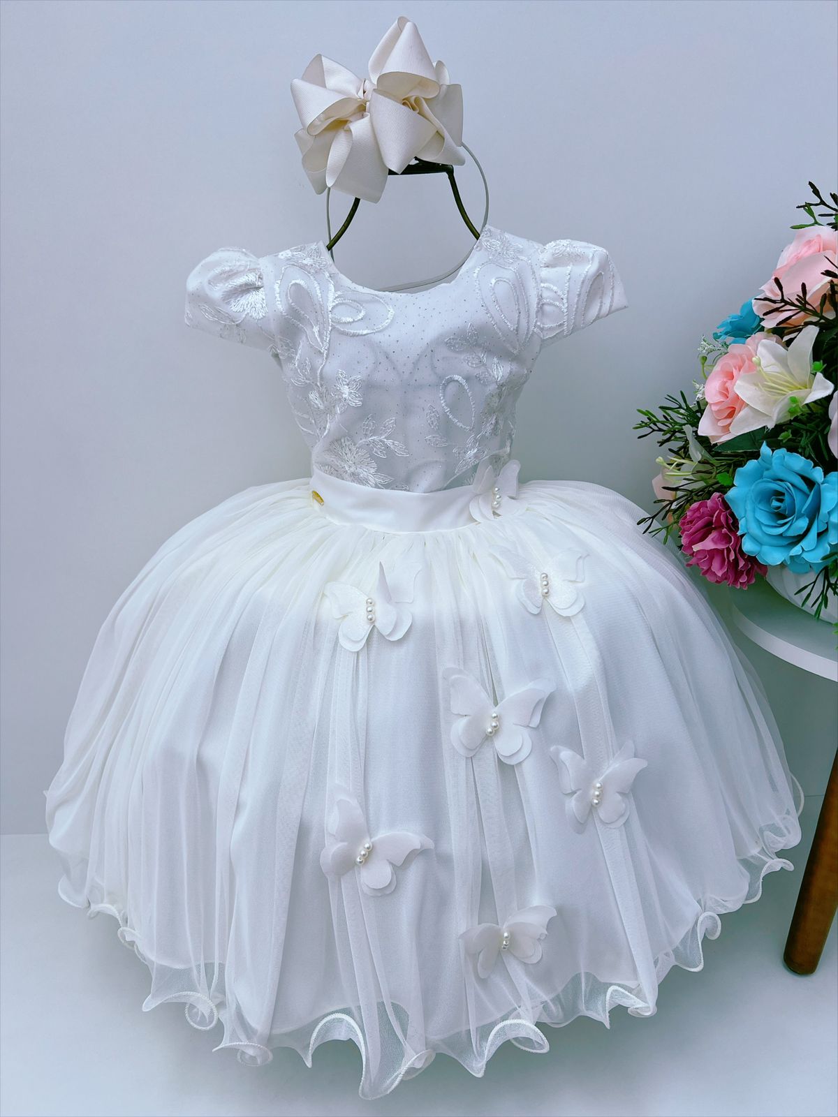 Vestido Infantil Off C/ Renda e Borboletas Dama