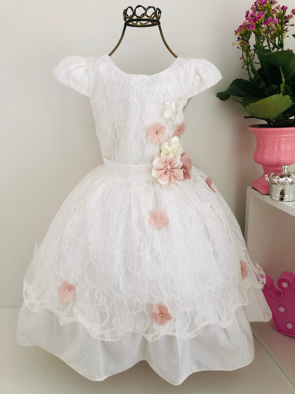 Vestido Infantil Off White Aplique de Flores Luxo Festas
