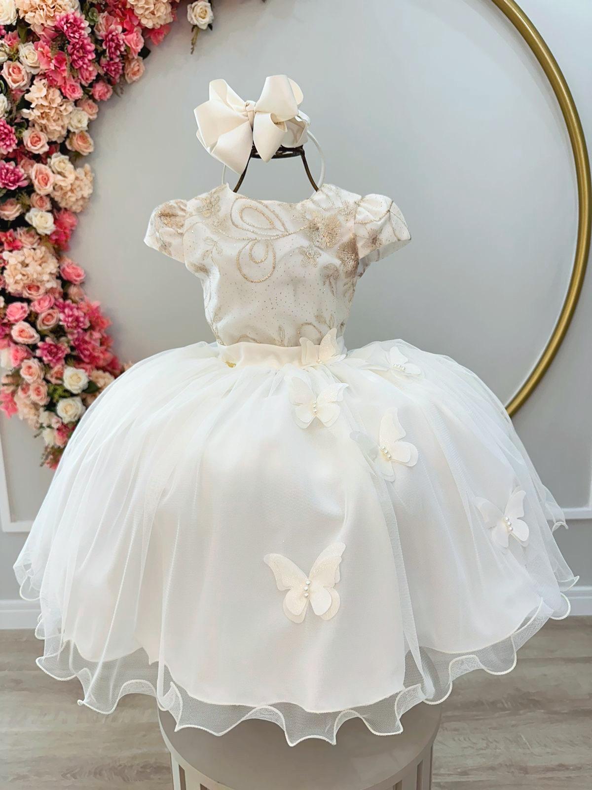 Vestido Infantil Off White C/ Renda Aplique Borboletas Damas