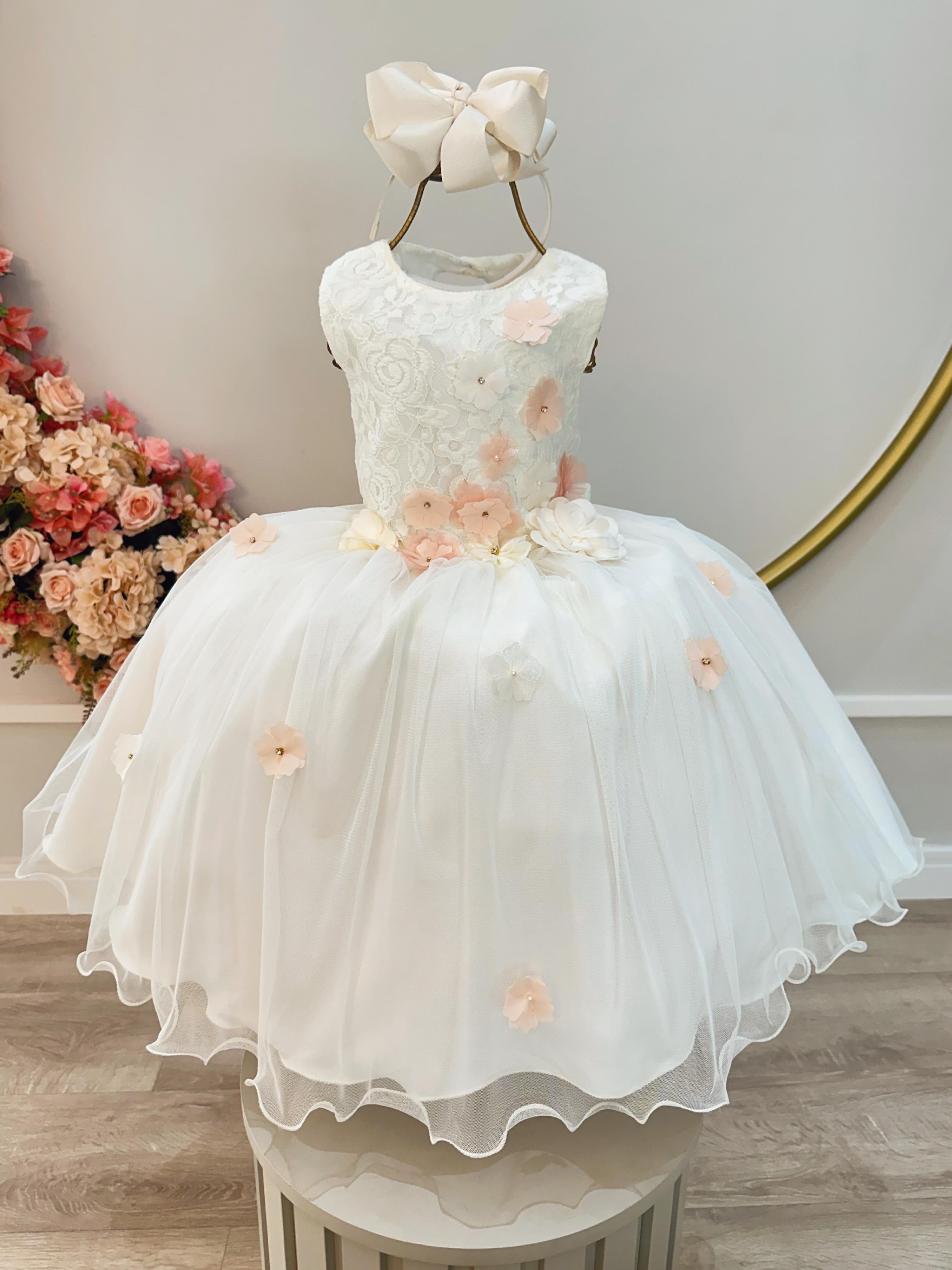 Vestido Infantil Off White Com Renda Daminhas Formatura