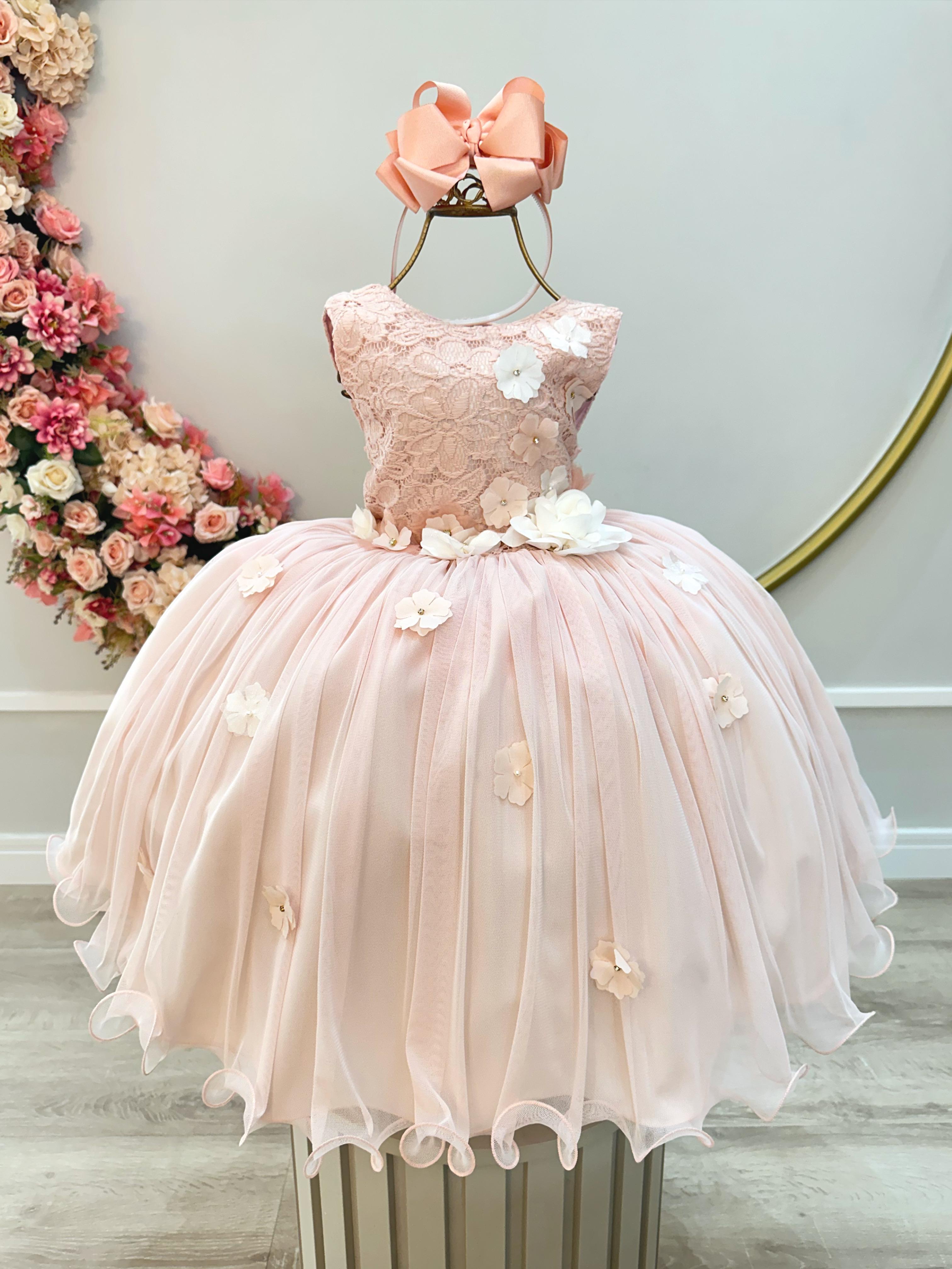 Vestido Infantil Pêssego C/ Renda e Aplique de Flores Damas