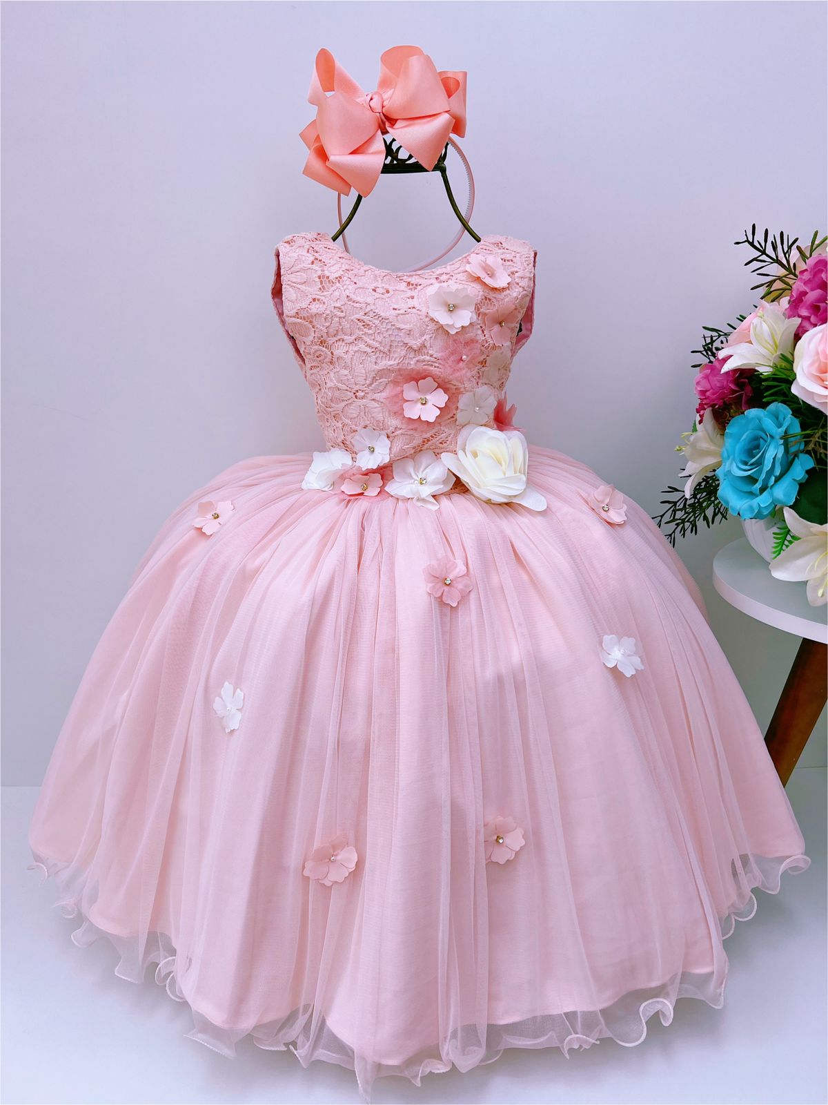 Vestido Infantil Pessêgo Salmão Rendado Luxo Flores em Apliques