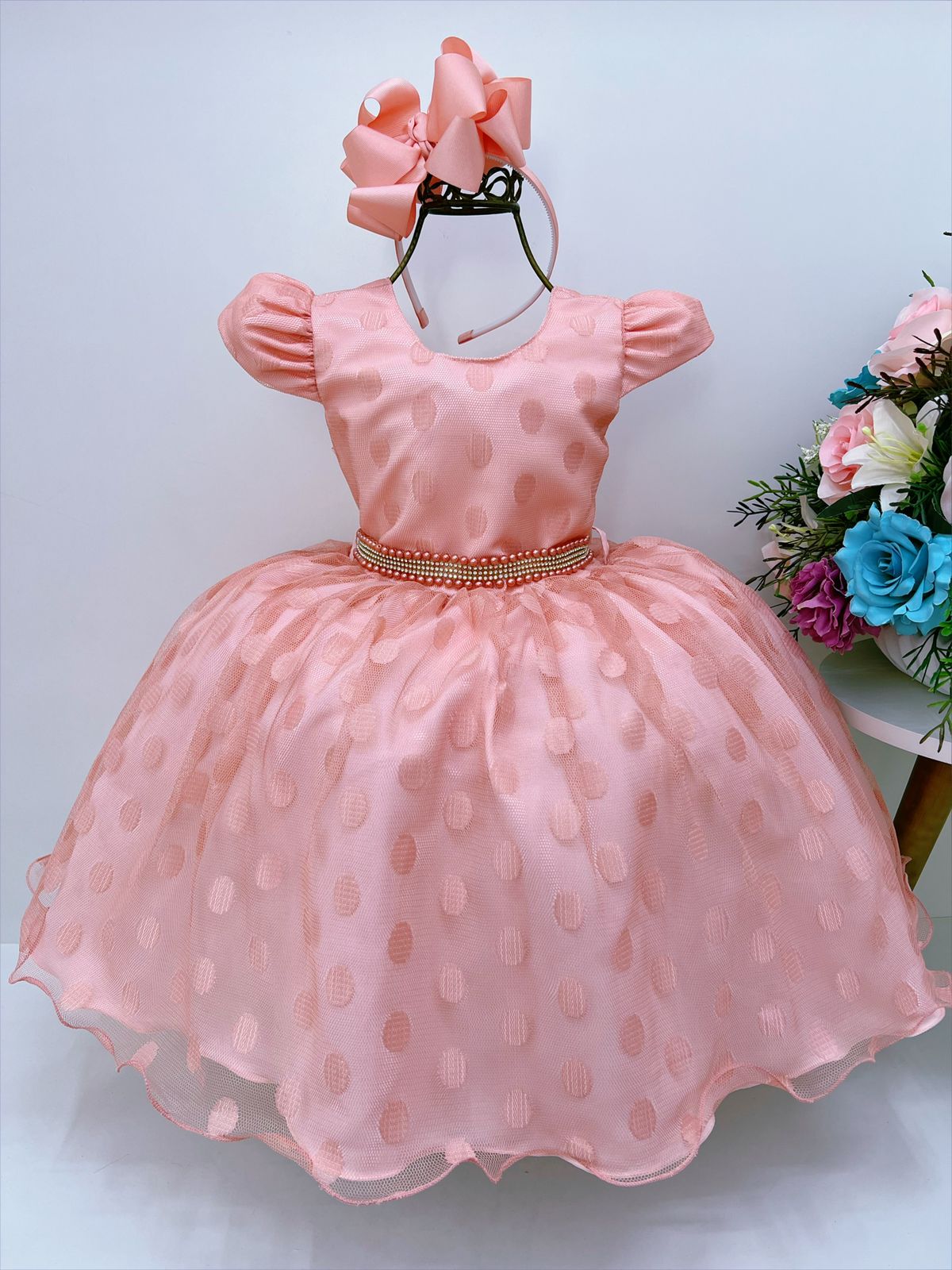 Vestido Infantil Pêssego Tule Com Bolinhas Strass e Pérolas