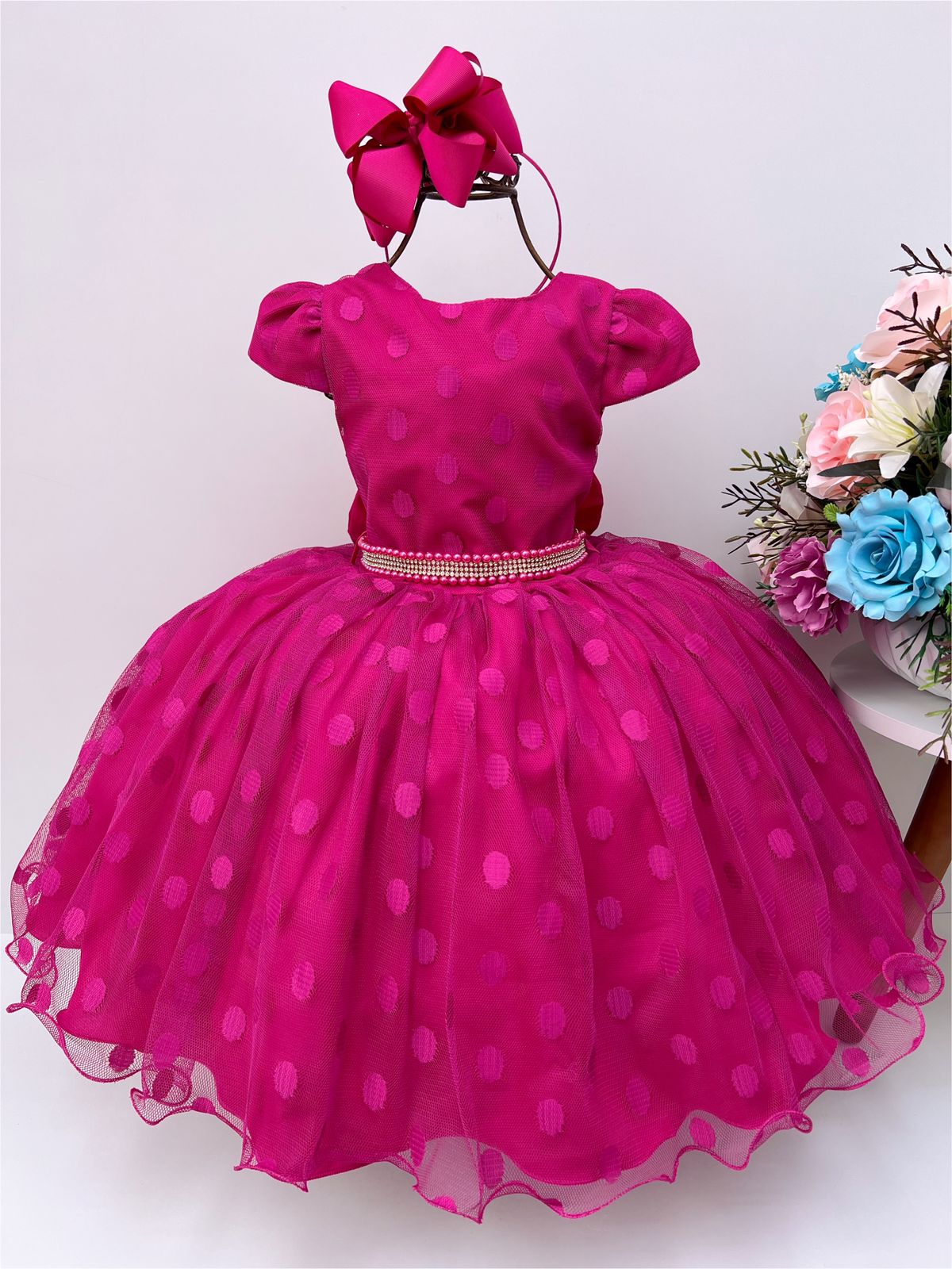 Vestido Infantil Pink Bolinhas Cinto Strass Pérolas