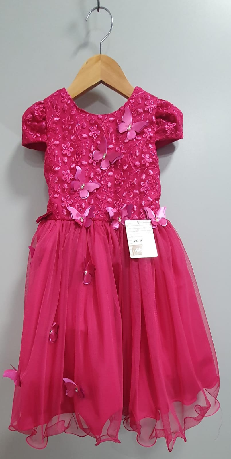 Vestido Infantil Pink C/ Apliques Flores e Borboletas Festas