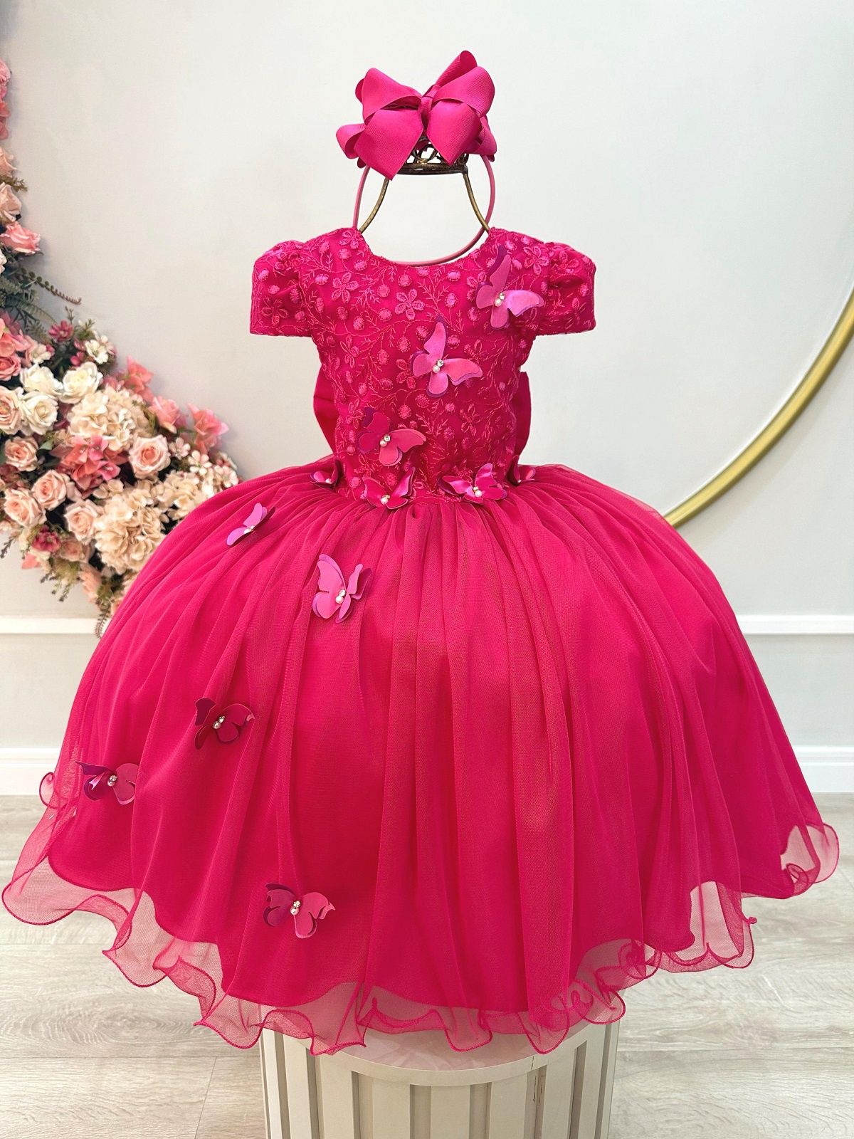 Vestido Infantil Pink C/ Apliques Flores e Borboletas Festas