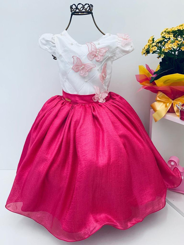 Vestido Infantil Pink e Off White Aplique de Borboletas
