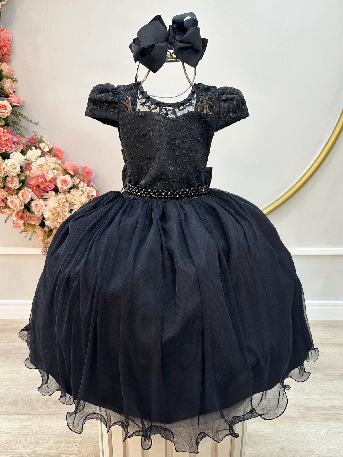 Vestido Infantil Preto C/ Renda e Pérolas Festas Daminhas