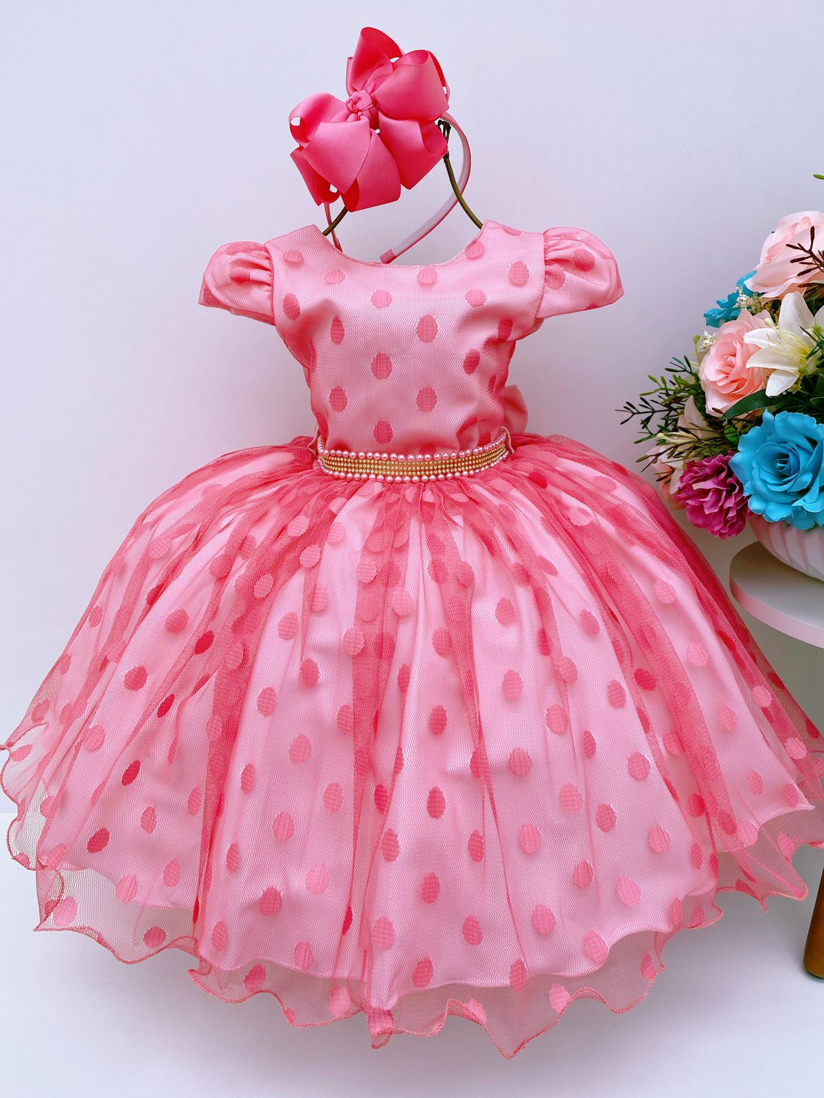 Vestido Infantil Rosê Bolinhas Cinto Strass C/ Pérolas Luxo