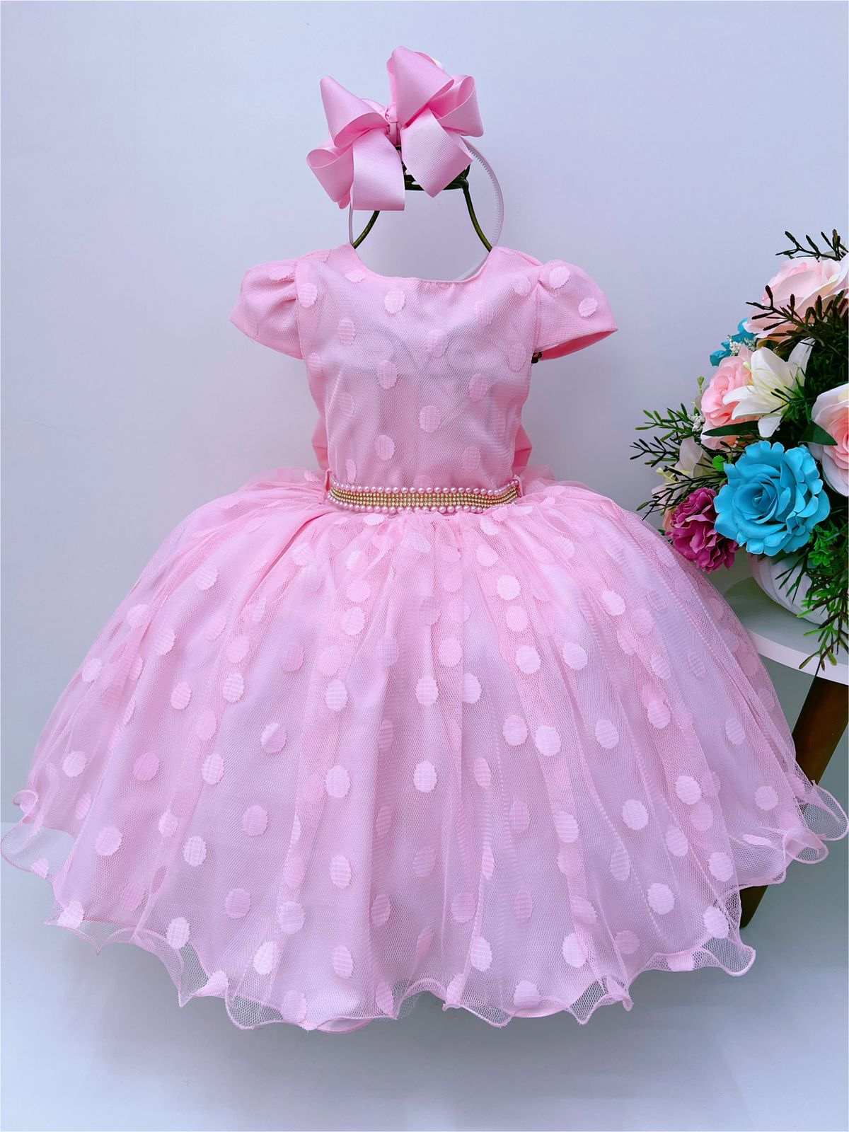 Vestido Infantil Rosa Bolinhas Cinto Strass C/ Pérolas Luxo