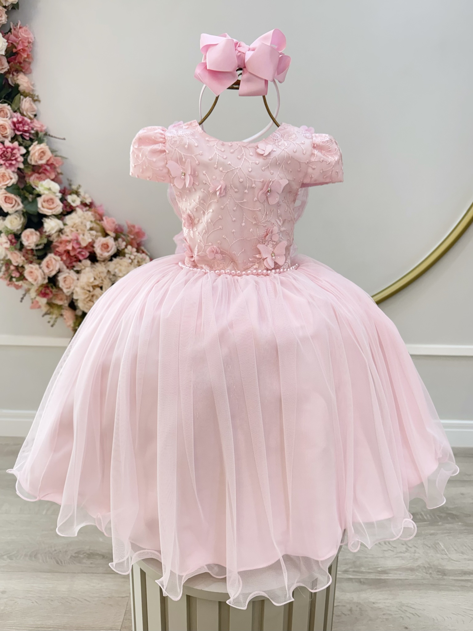 Vestido Infantil Rosa C/ Apliques Borboletas Festas Luxo