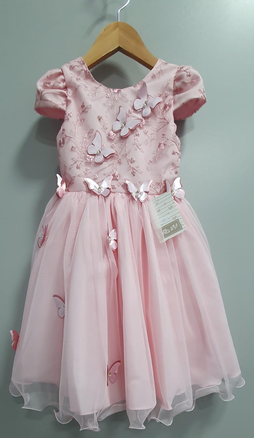 Vestido Infantil Rosa C/ Apliques Flores e Borboletas Festas