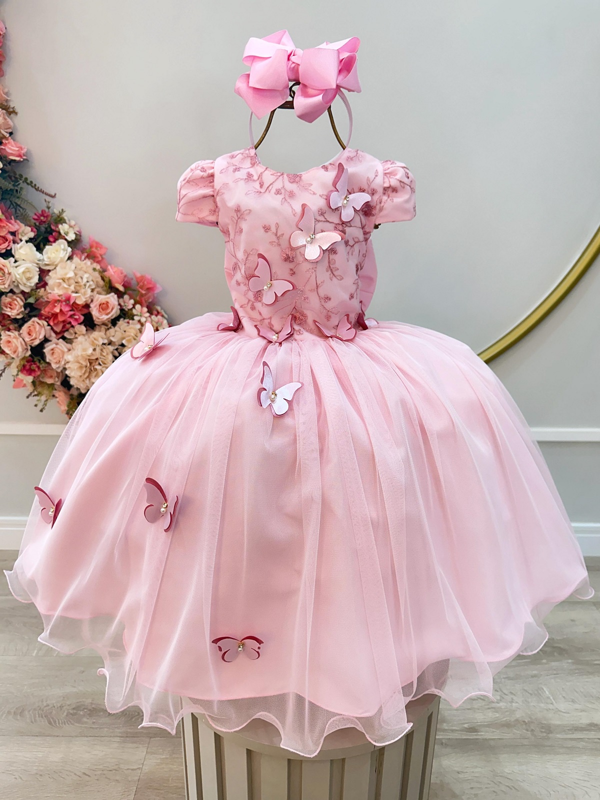 Vestido Infantil Rosa C/ Apliques Flores e Borboletas Festas