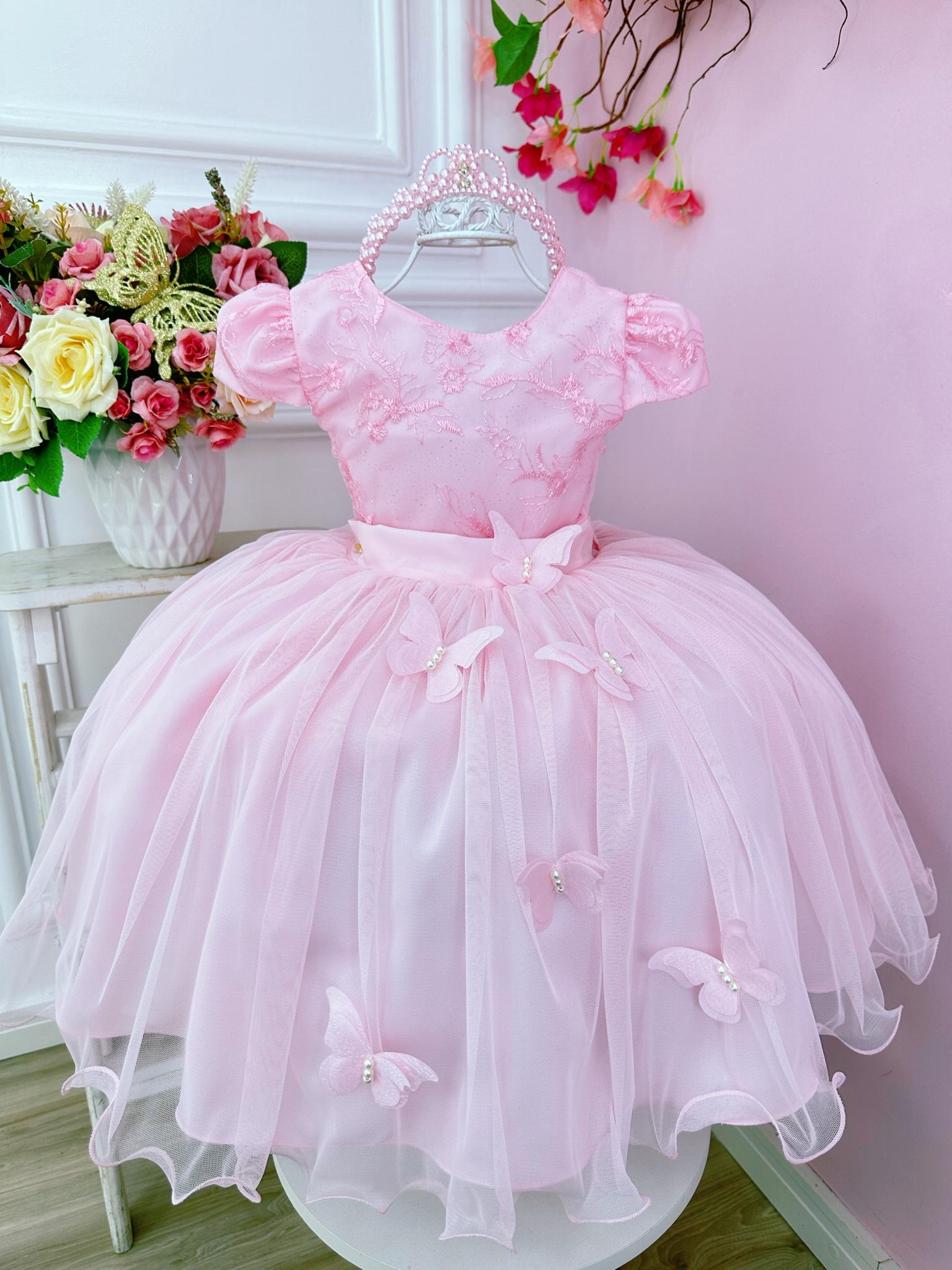 Vestido Infantil Rosa C/ Renda Aplique Borboletas Damas
