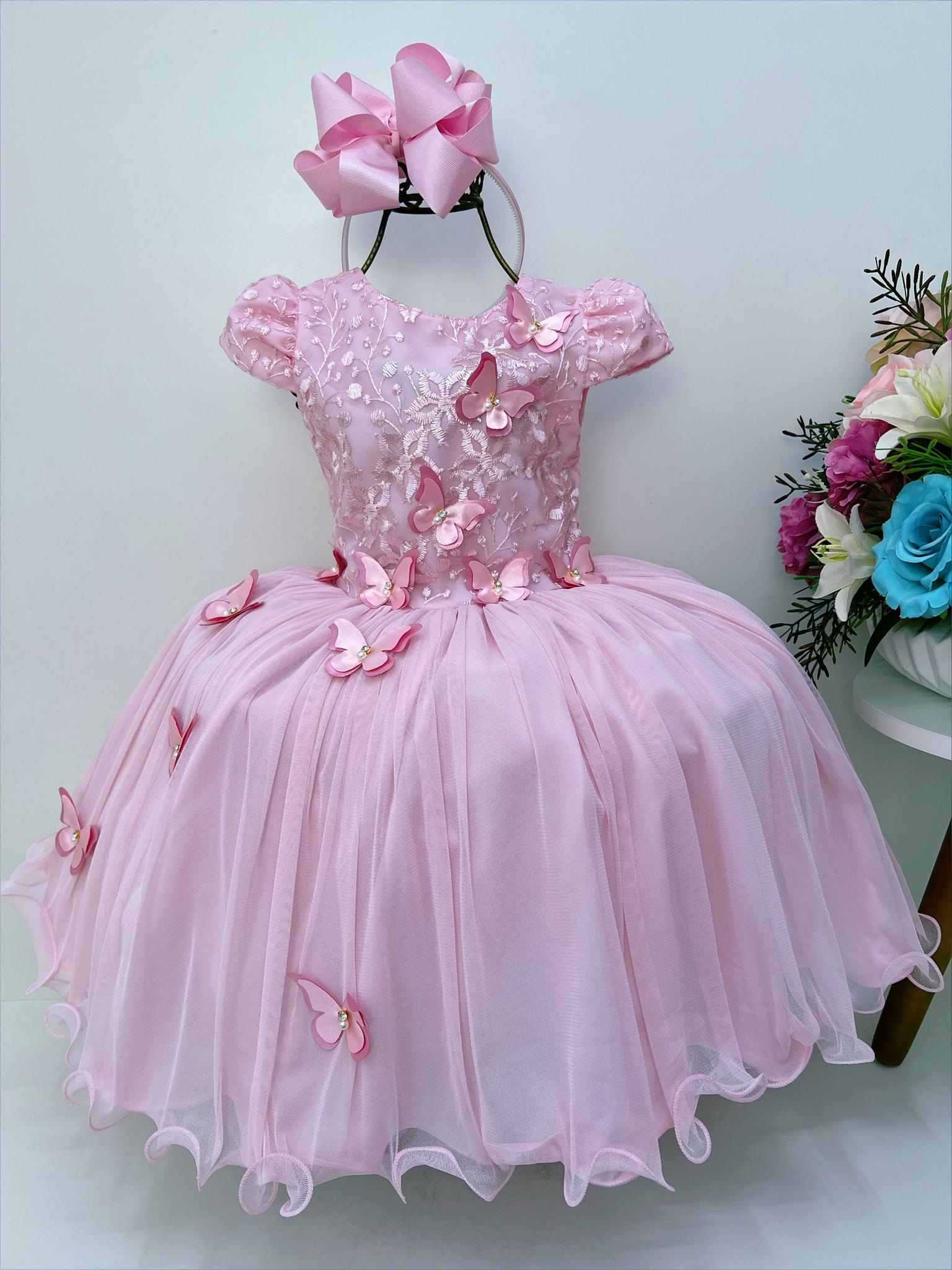 Vestido Infantil Rosa Com Renda Aplique de Borboletas Dama