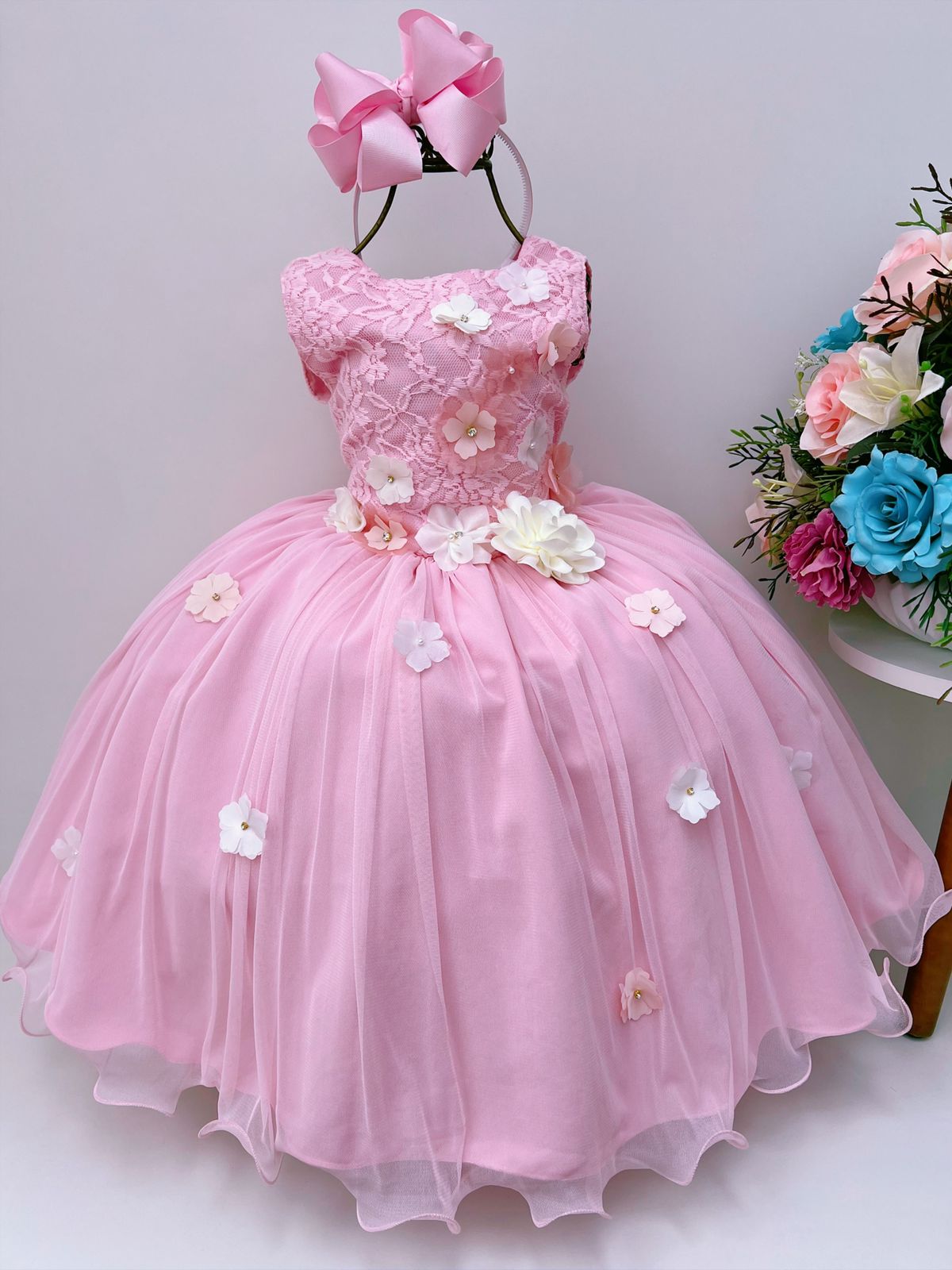 Vestido Infantil Rosa C/ Renda e Aplique de Flores