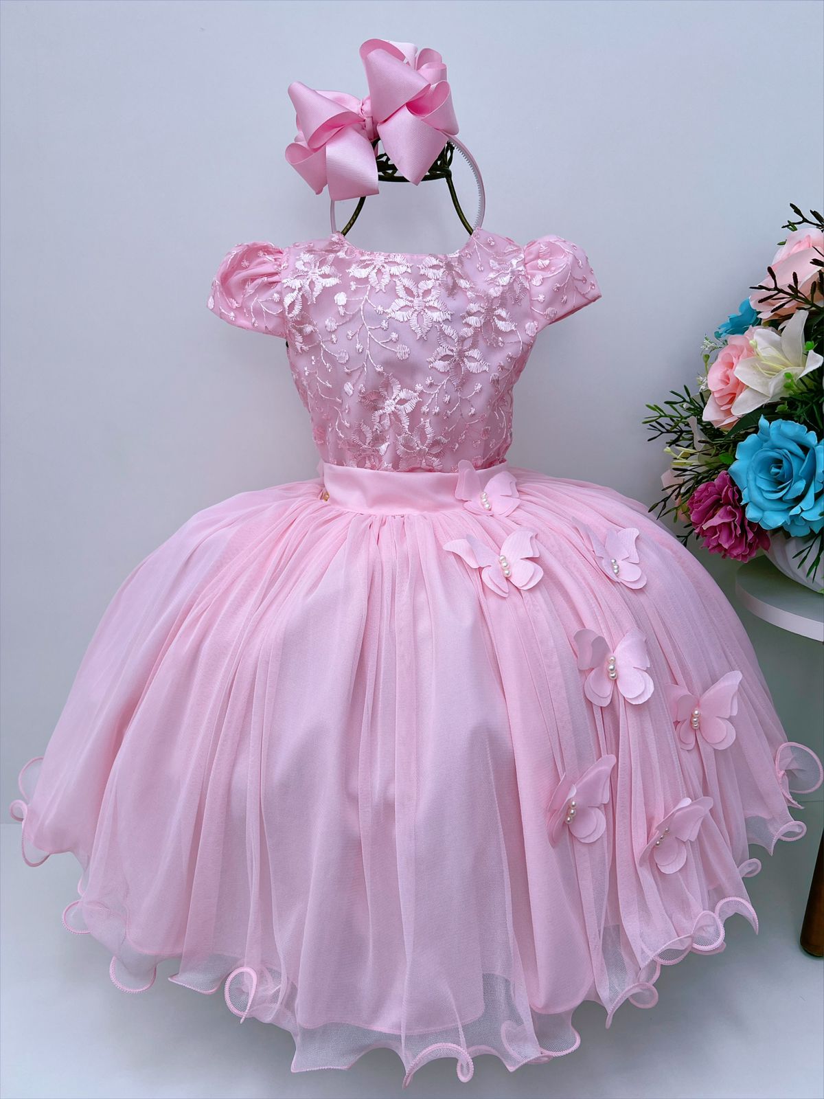 Vestido Infantil Rosa C/ Renda e Borboletas Dama Princesas