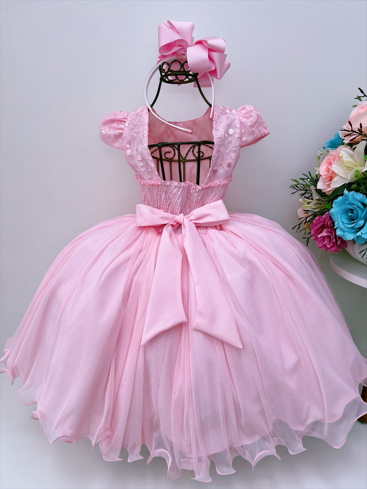 Vestido Infantil Rosa C/ Renda de Borboletas Dama Princesas