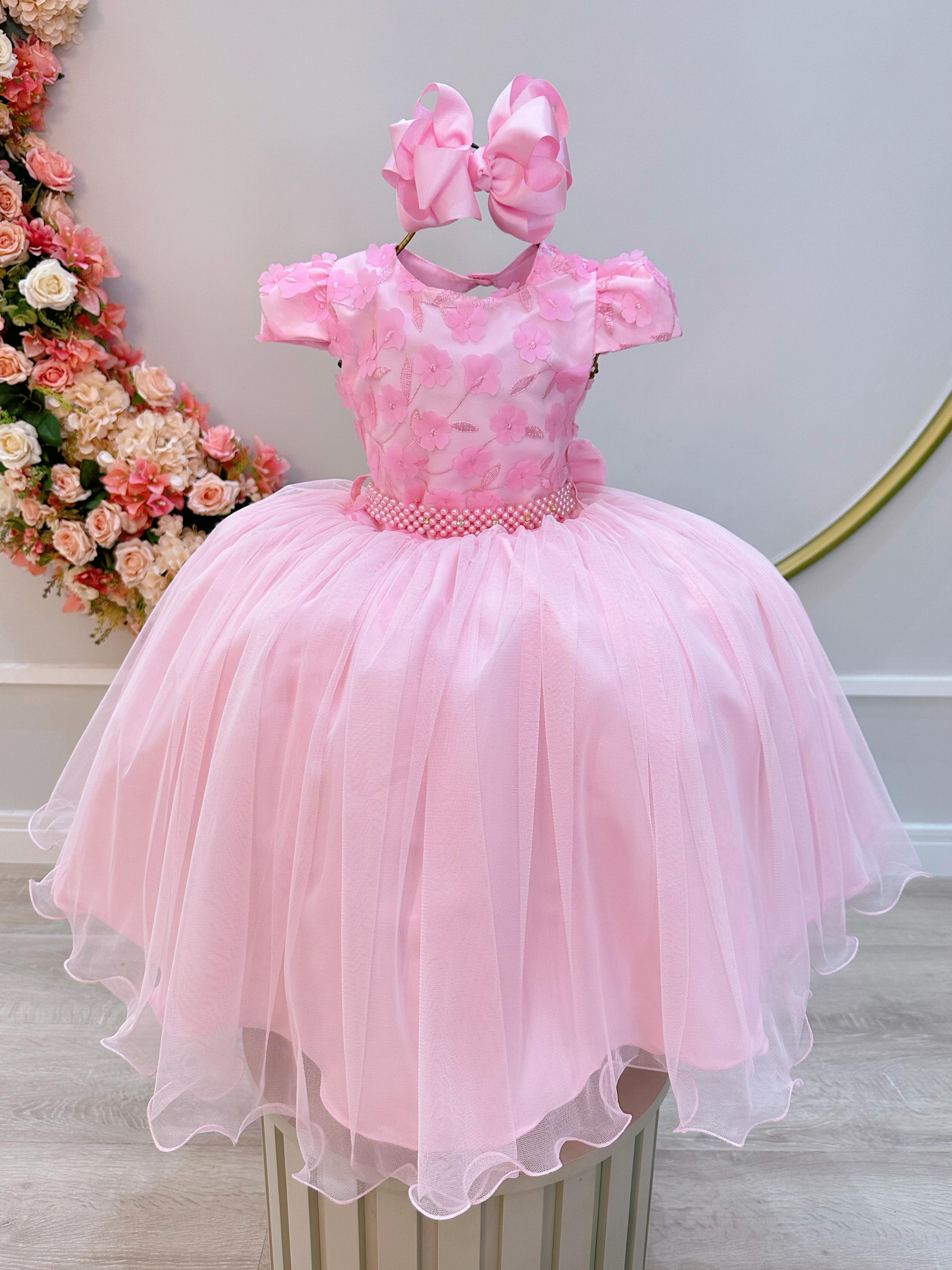 Vestido Infantil Rosa Claro C/ Renda e Aplique de Flores