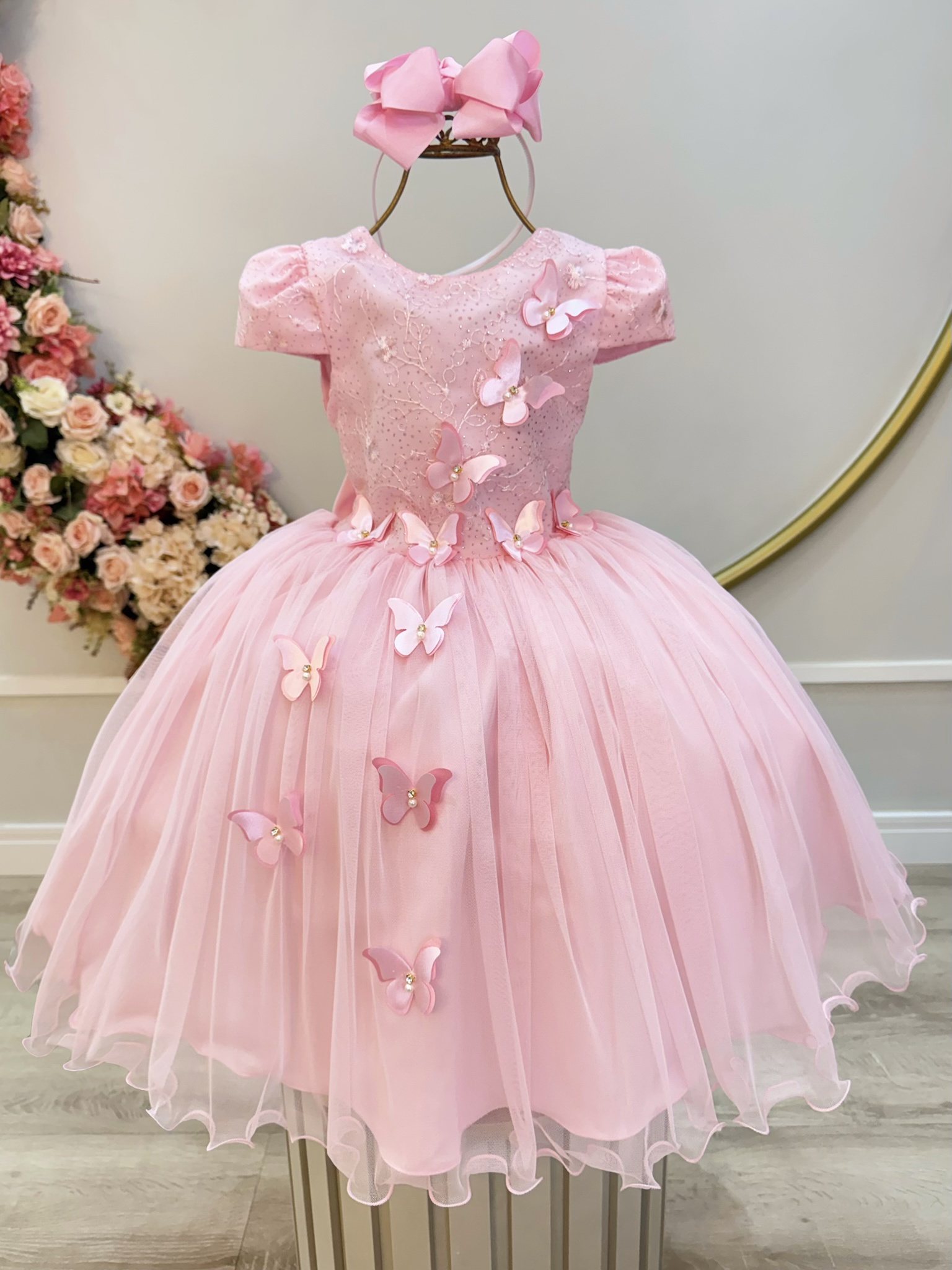 Vestido Infantil Rosa Com Renda e Borboletas Dama Festas Luxo