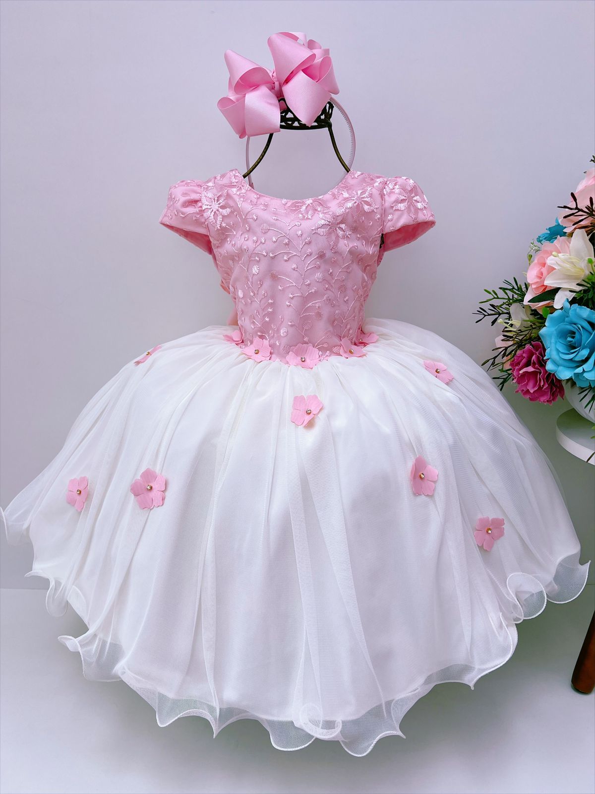 Vestido Infantil Rosa e Off Com Renda e Aplique Luxo