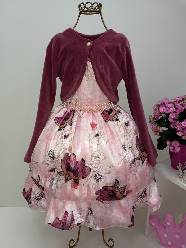Vestido Infantil Rosa Floral Cinto em Pérolas com Bolero