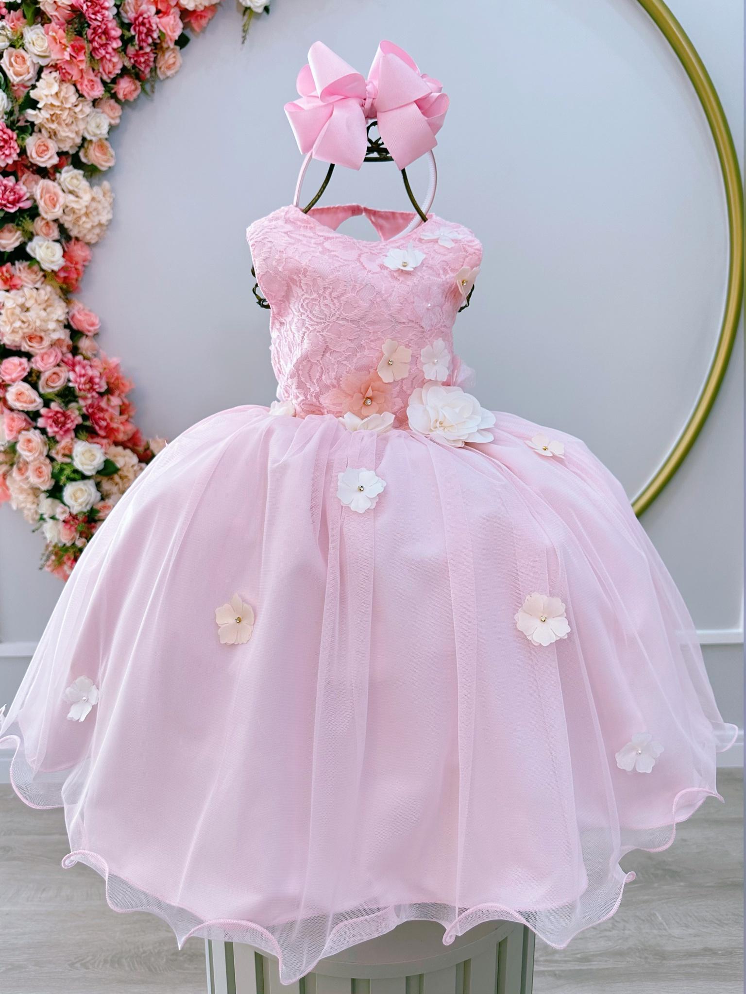 Vestido Infantil Rosa Luxo C/ Flores em Aplique e Renda