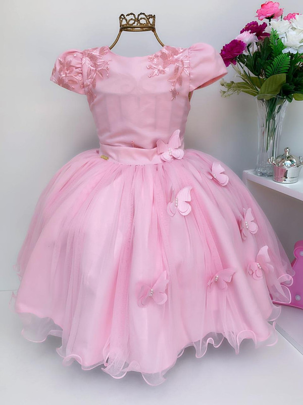 Vestido Infantil Rosa C/ Renda de Borboletas Dama Princesas