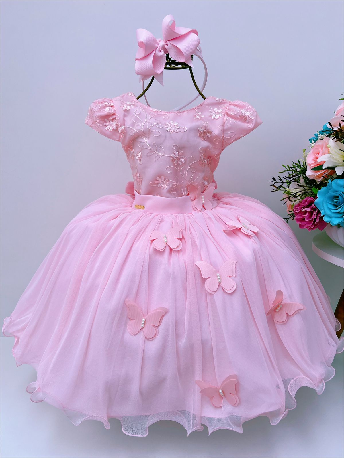 Vestido Infantil Rosa Renda C/ Aplique Borboletas Dama