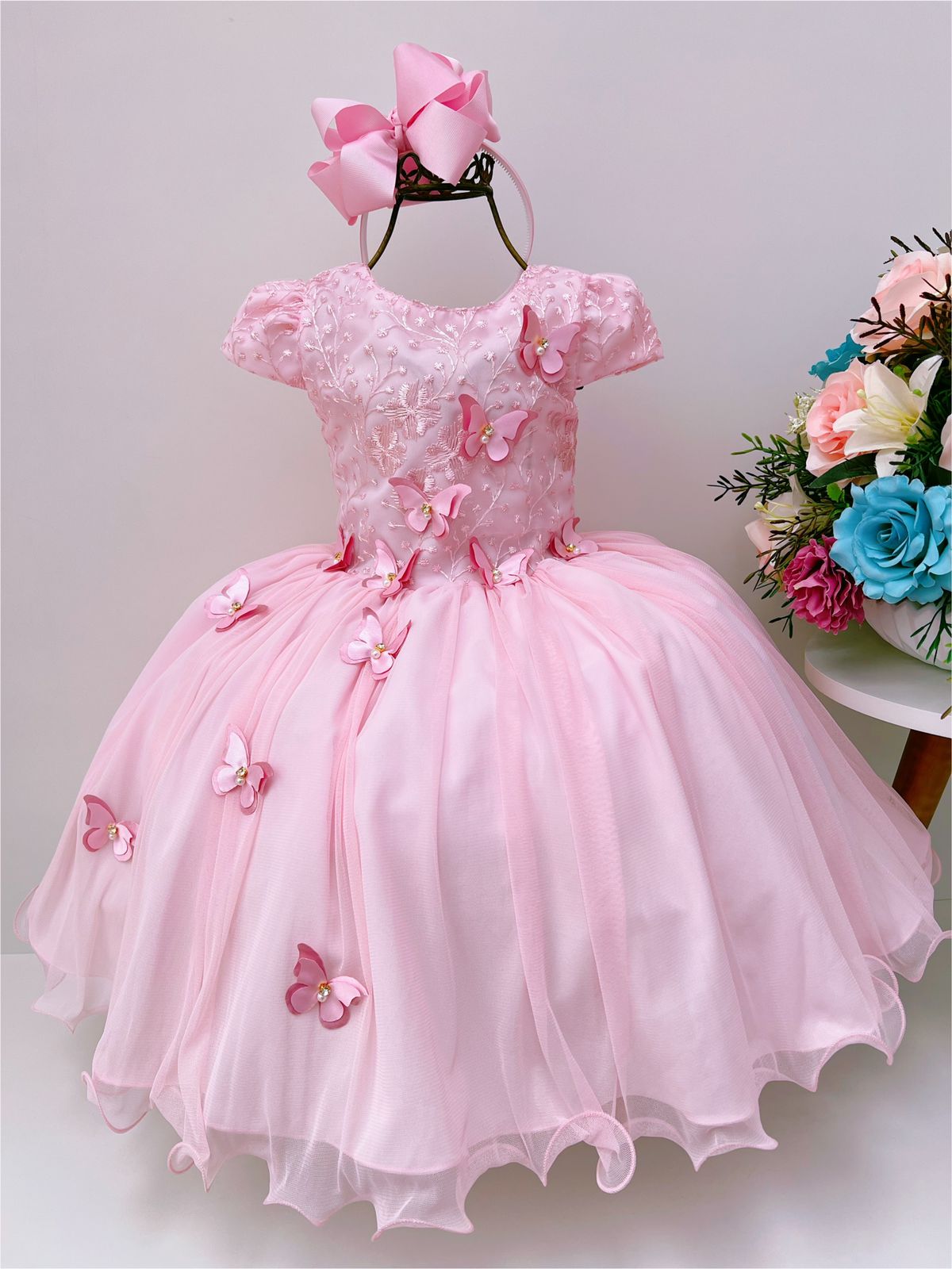 Vestido Infantil Rosa Renda C/ Borboletas Damas