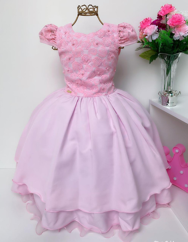 Vestido Infantil Rosa Renda com Pérolas Luxo Damas Casamento