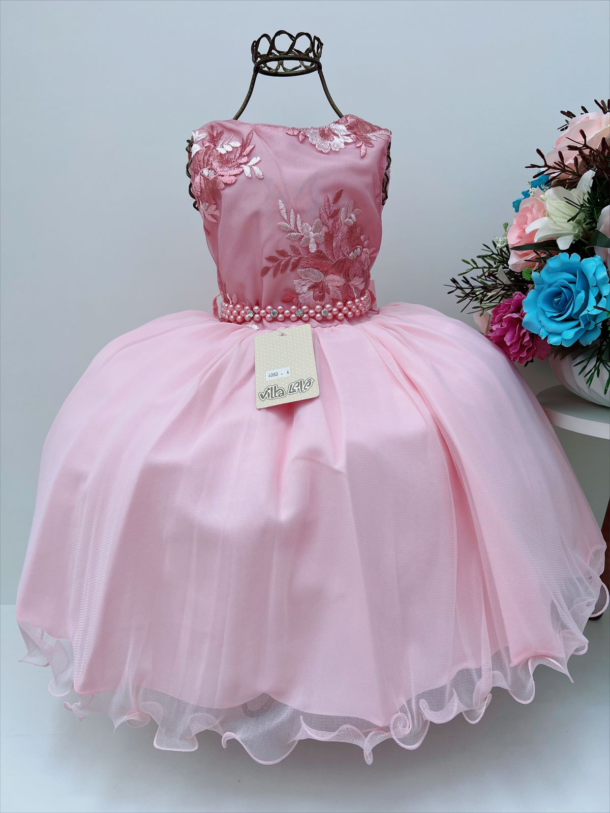 Vestido Infantil Rosa Renda de Luxo Princesas Festas (Renda do busto pode ter variação)