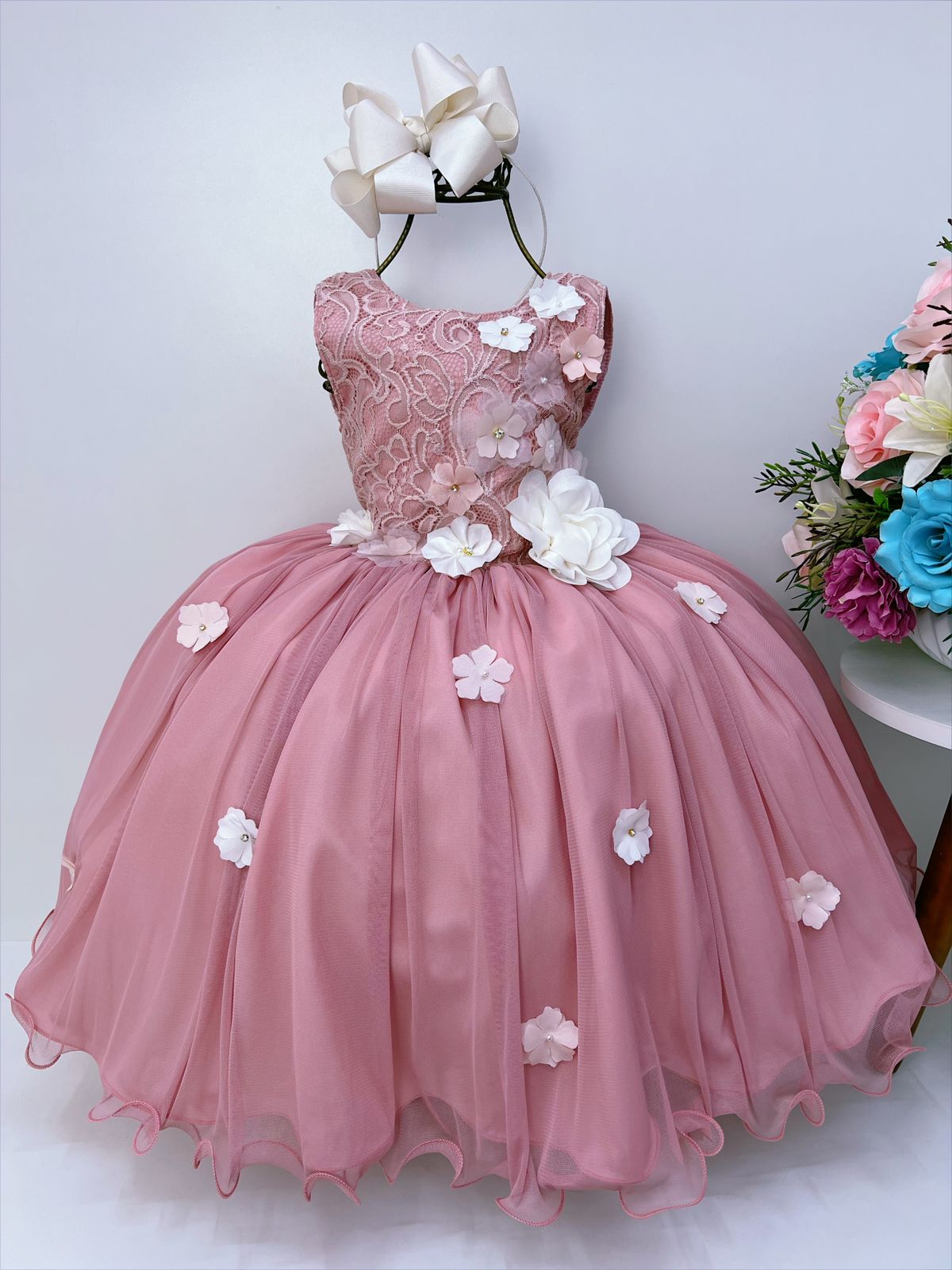 Vestido Infantil Rosê C/ Renda e Flores em Apliques Strass
