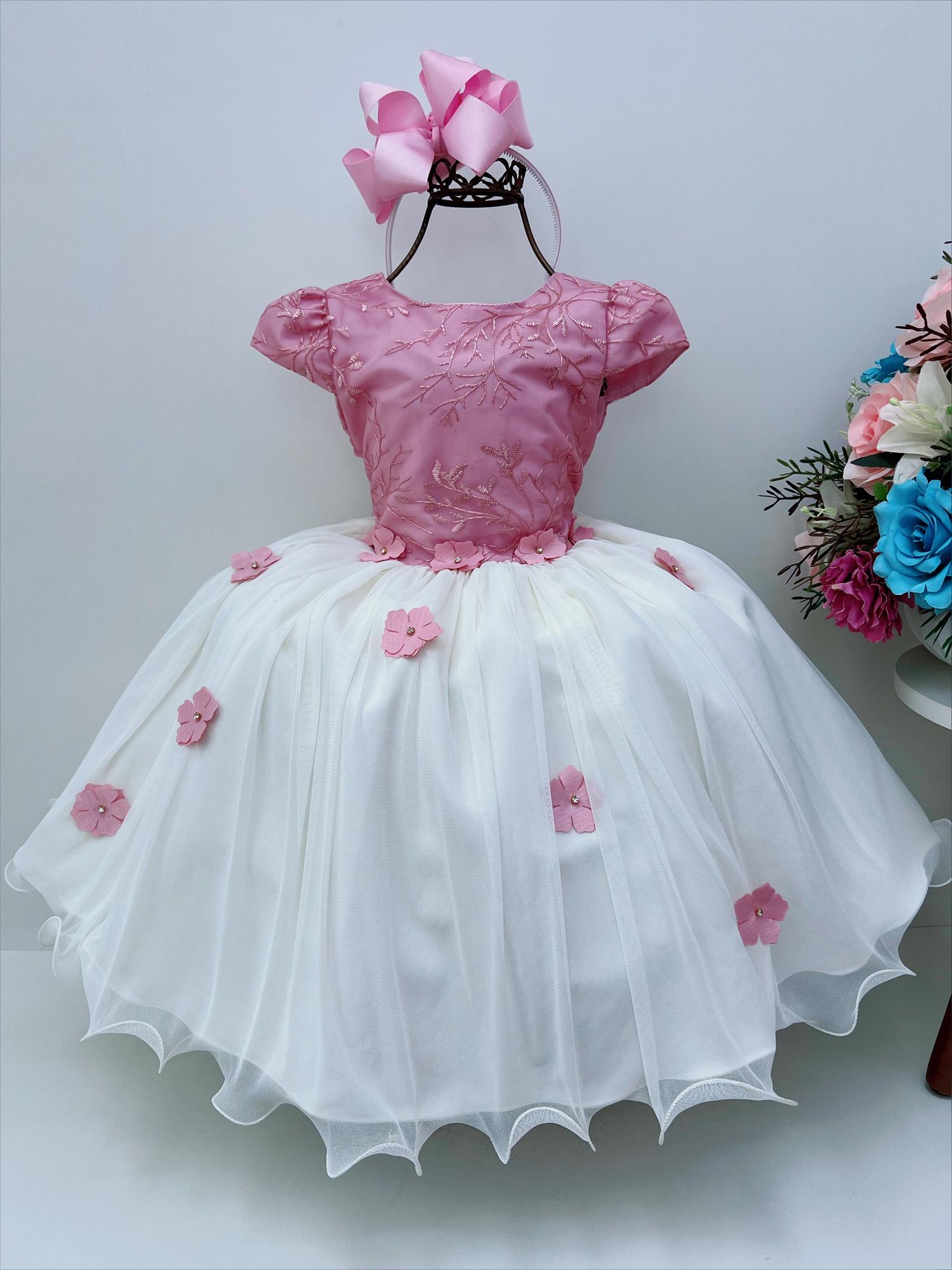 Vestido Infantil Rose e Off Aplique Flores Renda Princesas