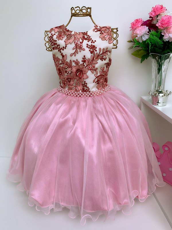 Vestido Infantil Rosê Floral Marsala Luxo Cinto em Pérolas