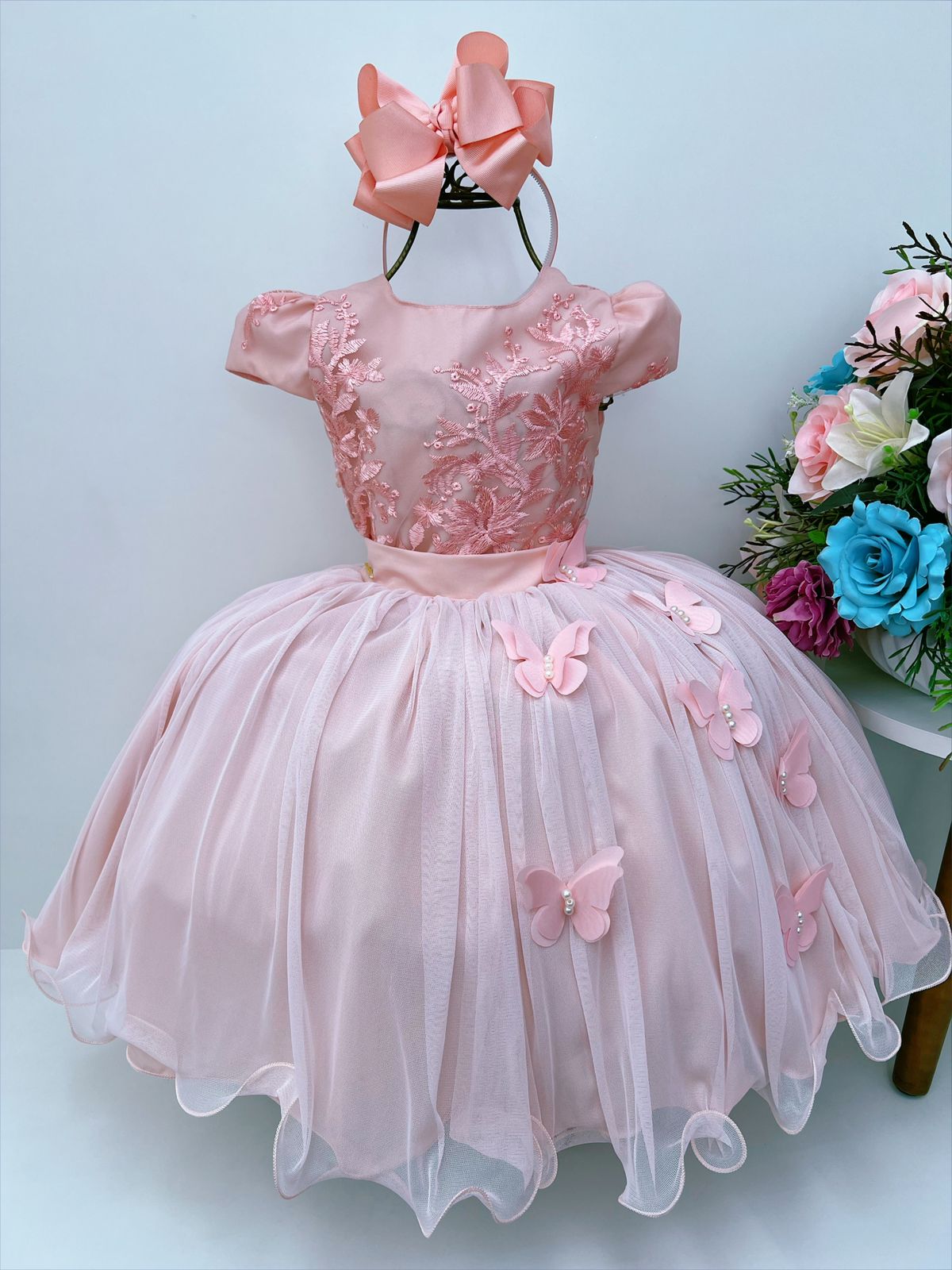 Vestido Infantil Rosé Renda Aplique Borboletas