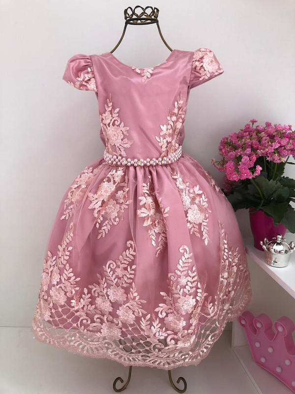 Vestido Infantil Rosê Renda de Luxo Cinto Pérola e Strass