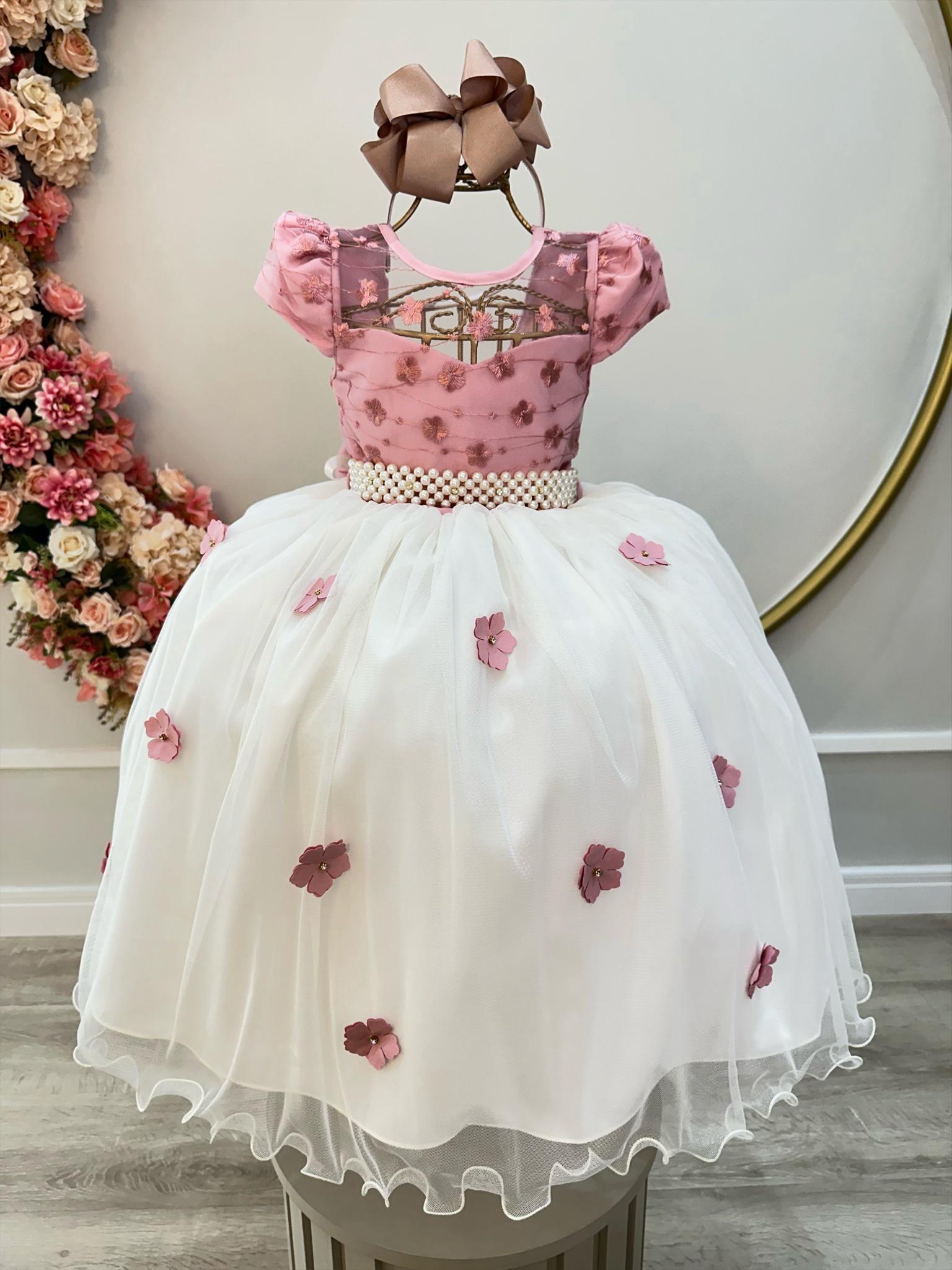 Vestido Infantil Rose Saia Off C/ Renda e Aplique Flores