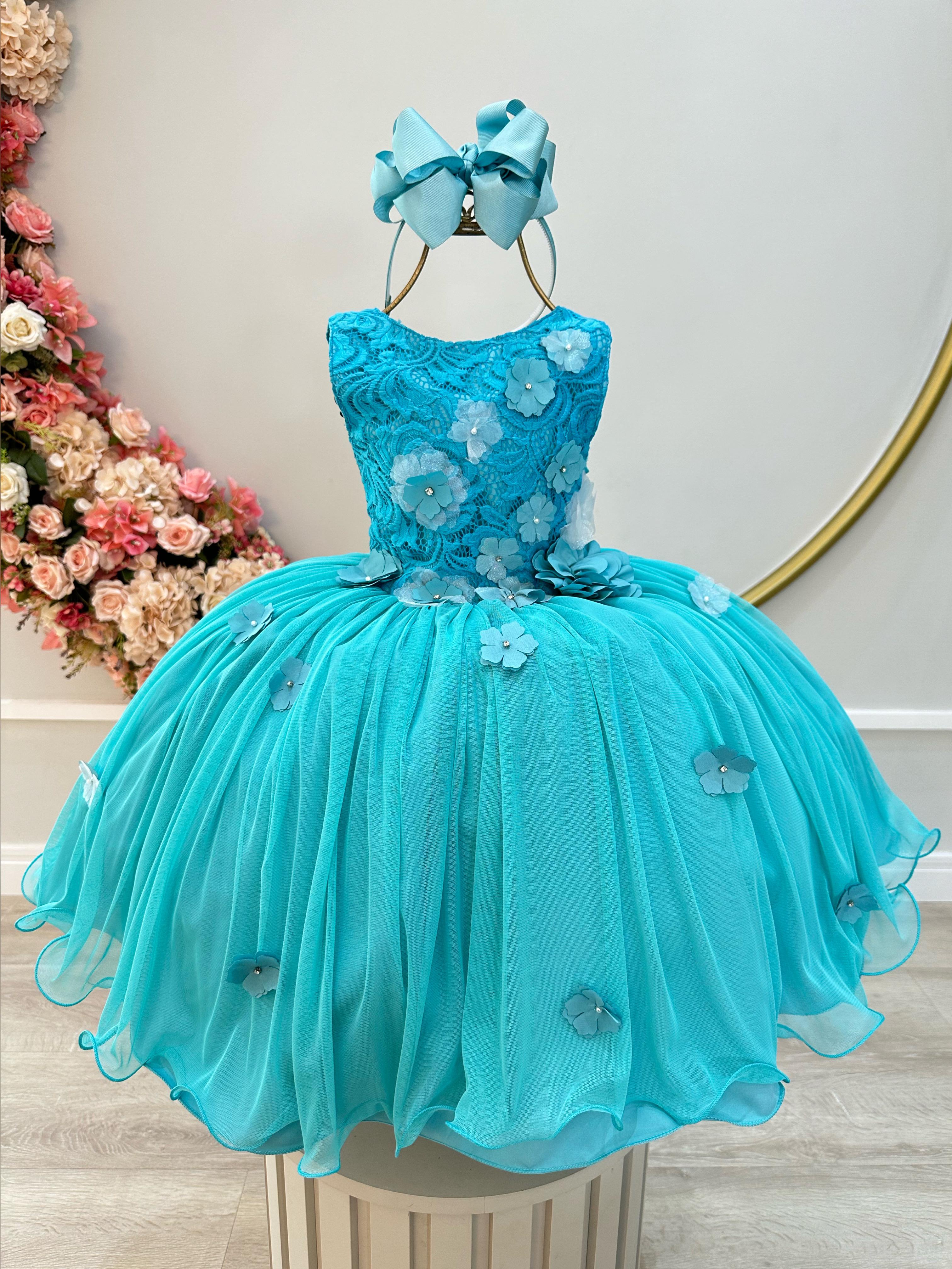 Vestido Infantil Verde C/ Renda Aplique de Flores Daminha Luxo