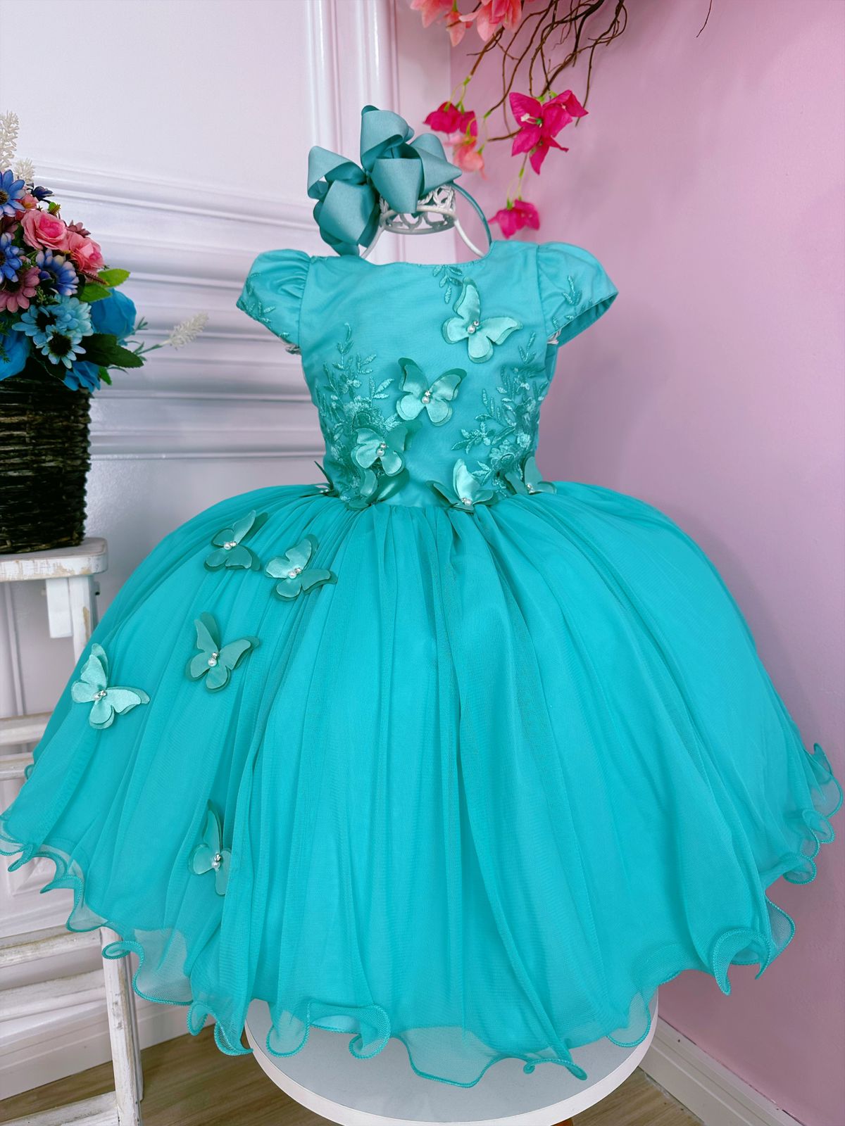 Vestido Infantil Verde C/ Renda C/ Aplique Borboletas Damas