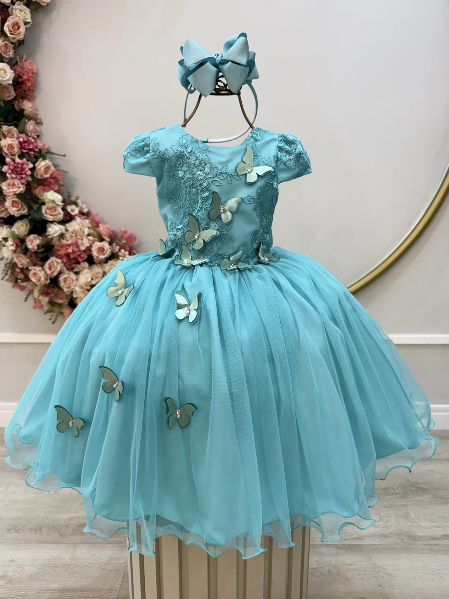 Vestido Infantil Verde Renda e Aplique Borboletas Damas Luxo